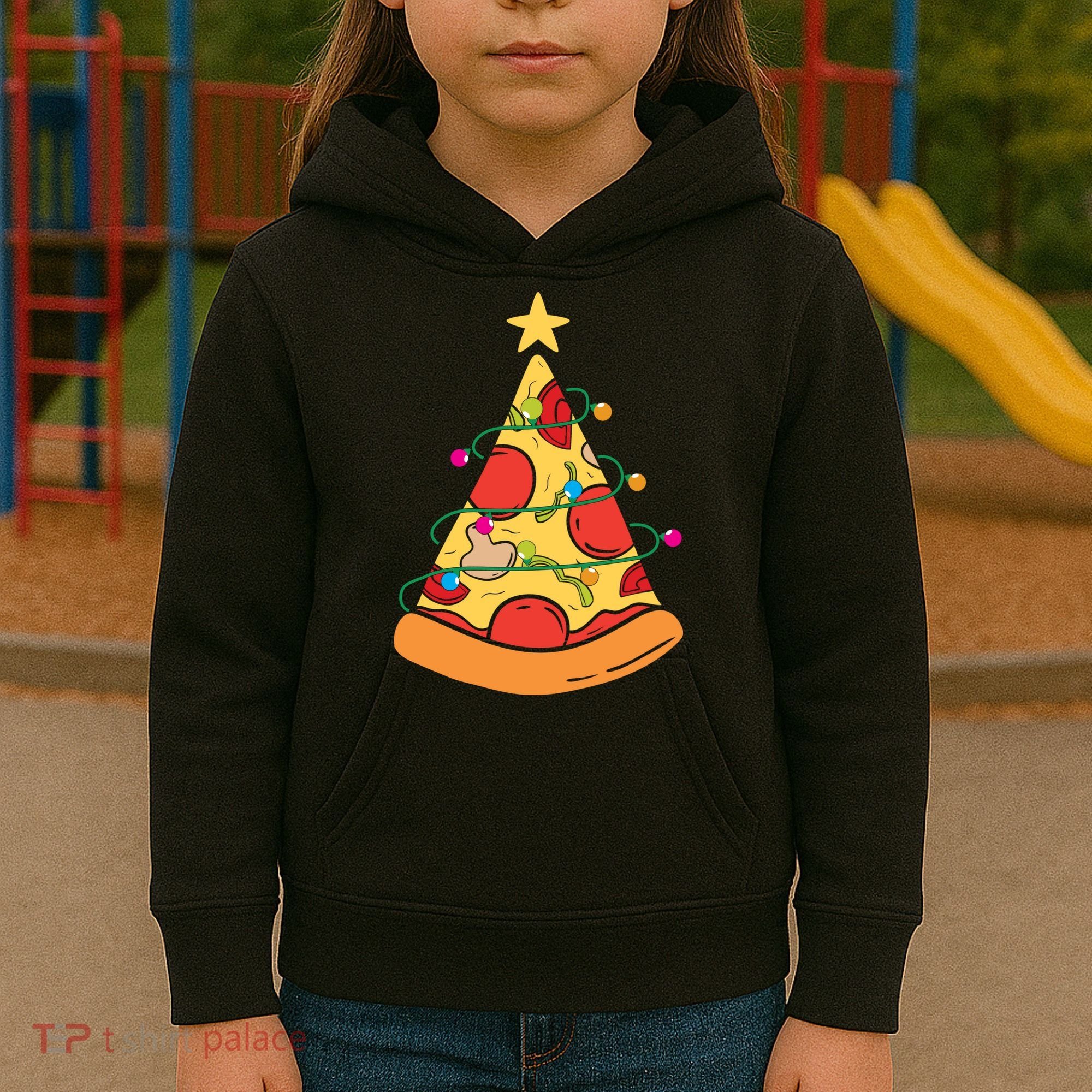 Funny Pizza Christmas Tree Lights Funny Xmas Kids Hoodie