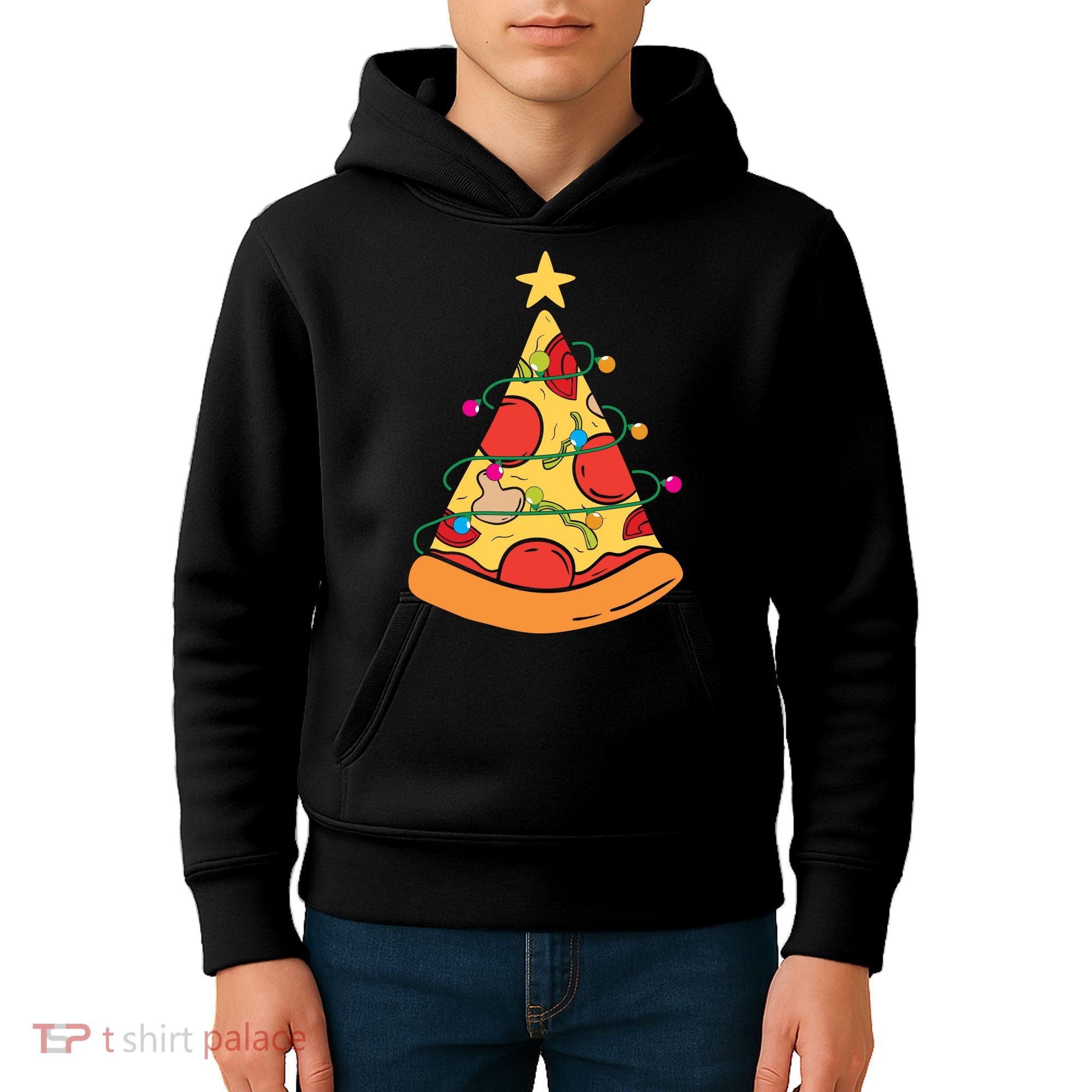 Funny Pizza Christmas Tree Lights Funny Xmas Kids Hoodie