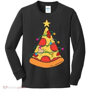 Funny Pizza Christmas Tree Lights Funny Xmas Kids Long Sleeve Shirt