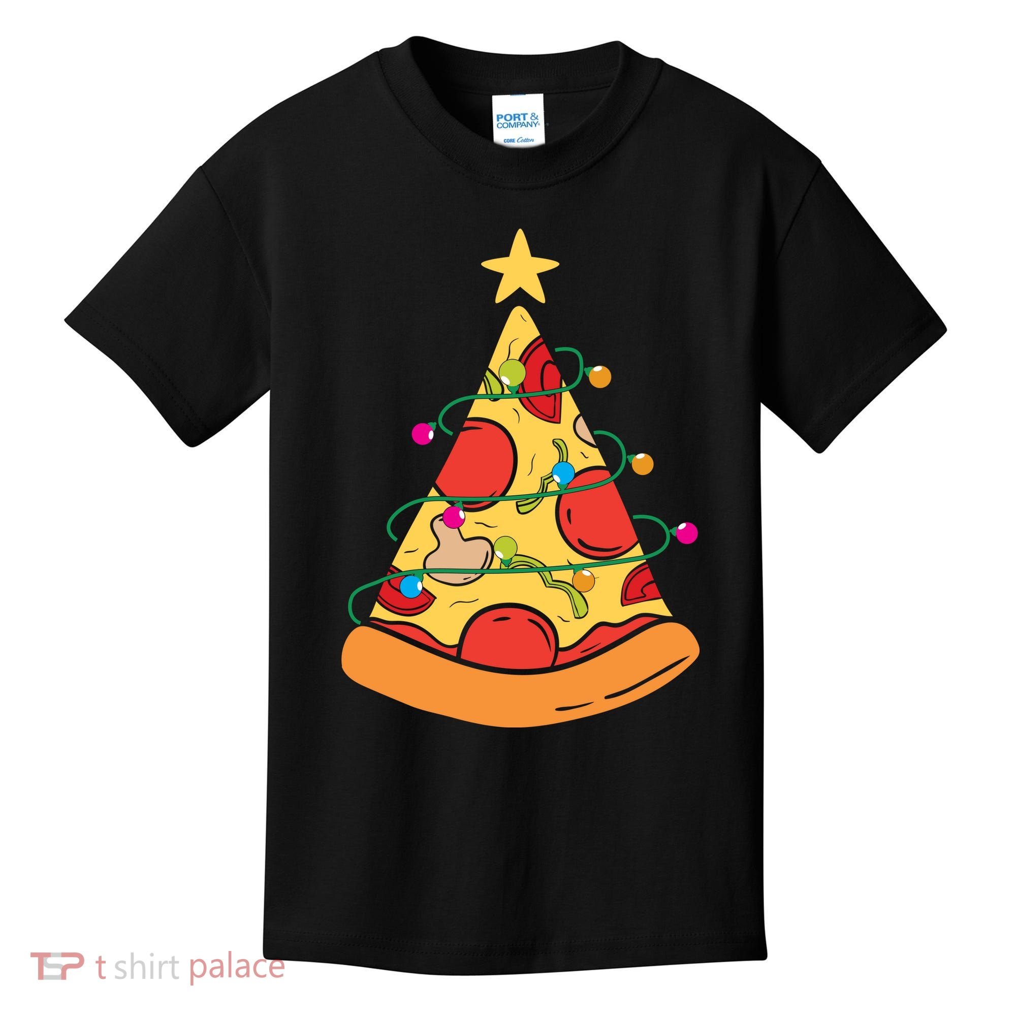 Funny Pizza Christmas Tree Lights Funny Xmas Kids T-Shirt