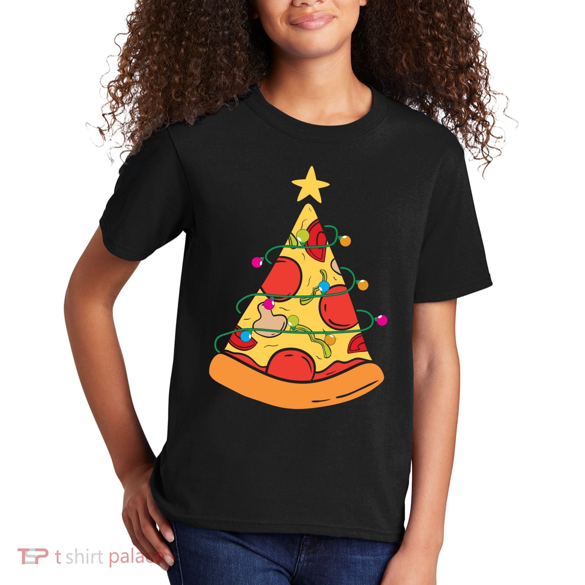 Funny Pizza Christmas Tree Lights Funny Xmas Kids T-Shirt