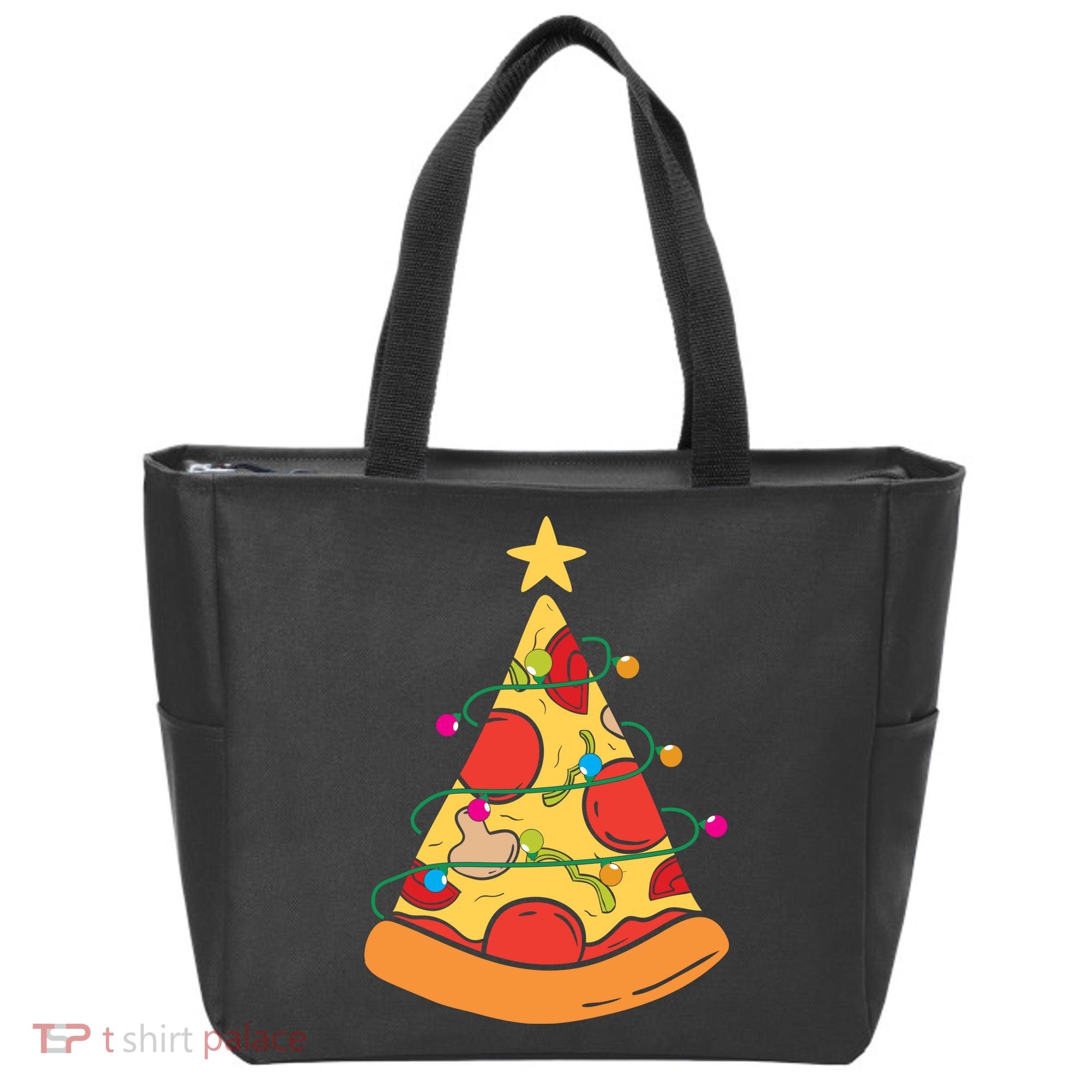 Funny Pizza Christmas Tree Lights Funny Xmas Tote Bag