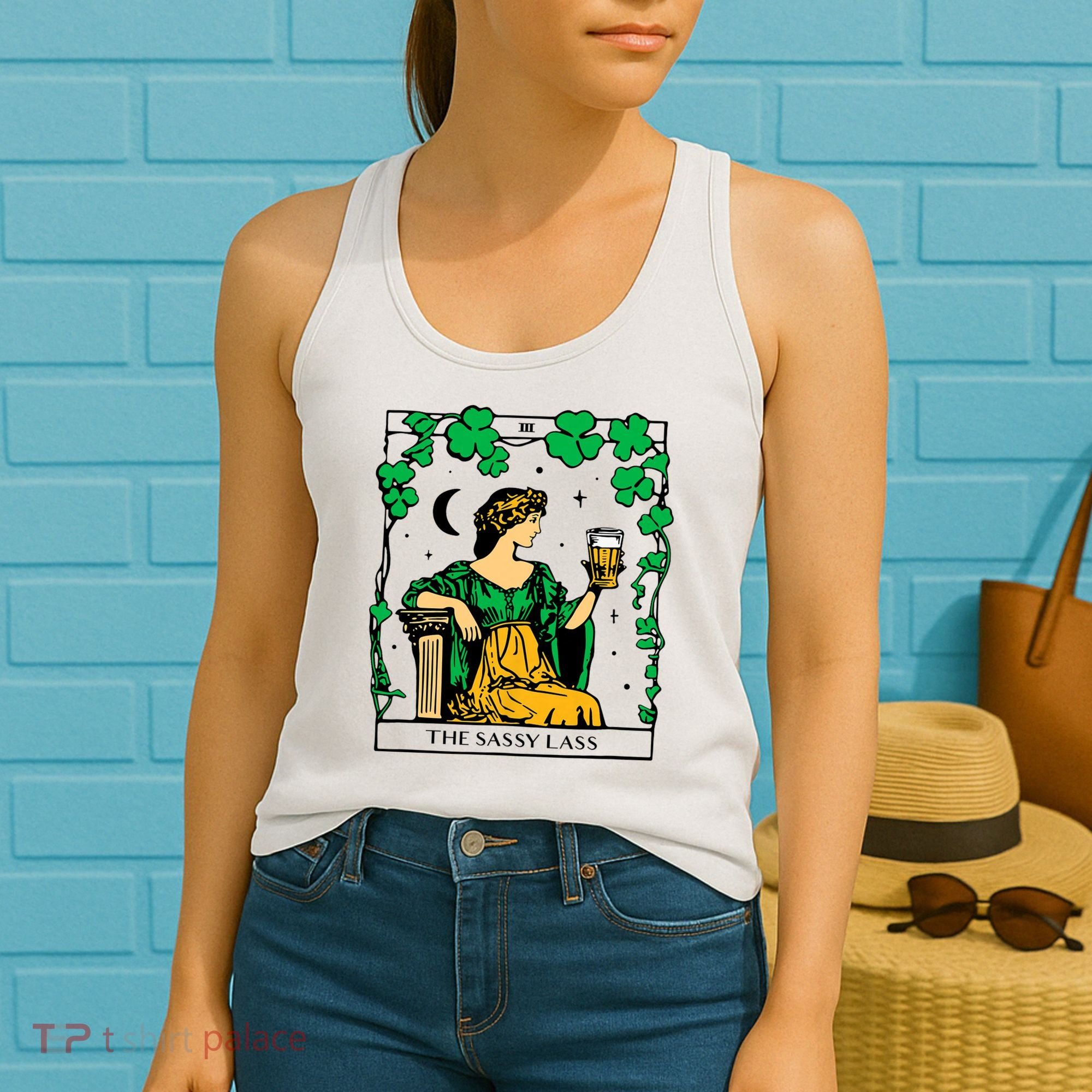 Funny PatrickS Day The Sassy Lass Tarot Card Women's Tank Top