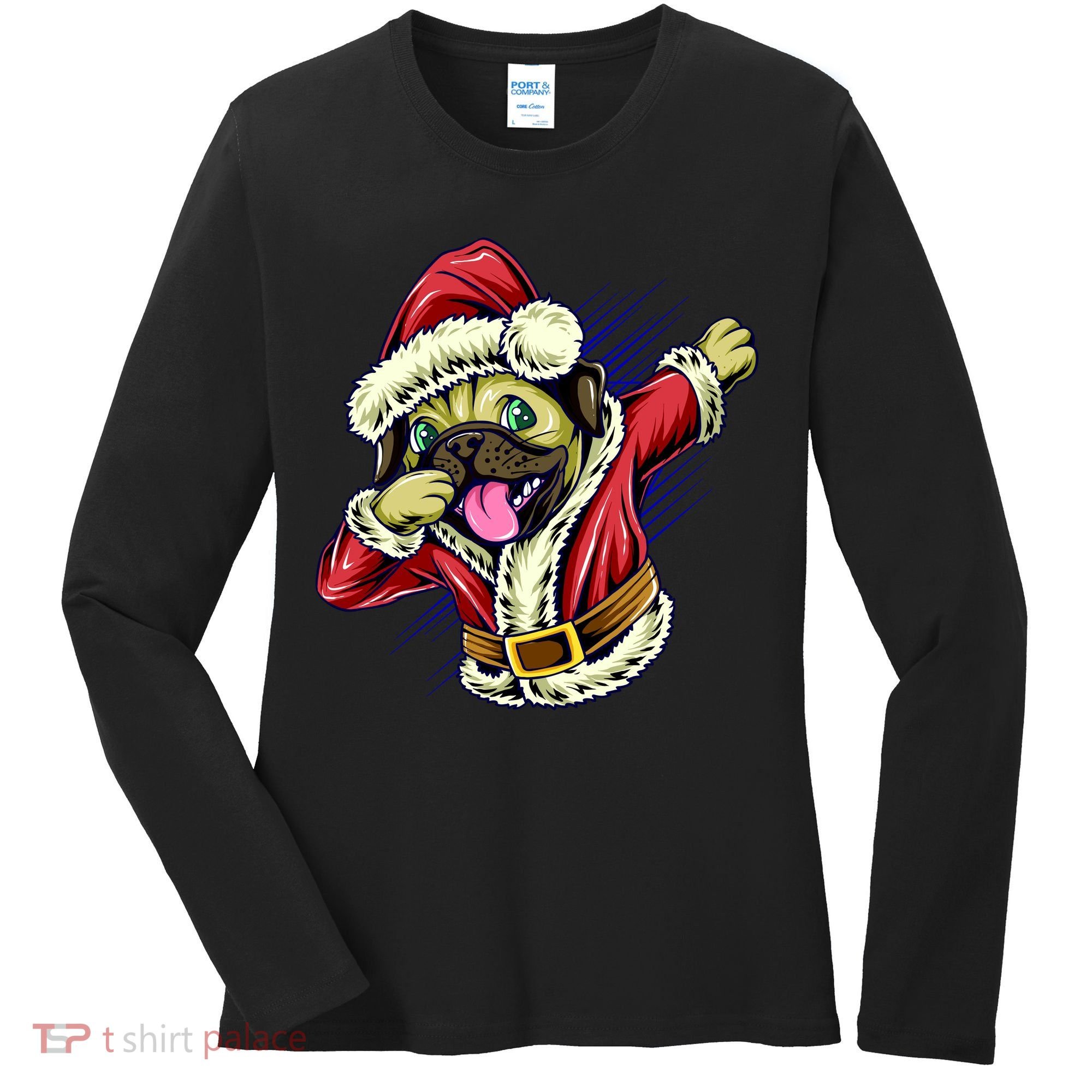 Funny Pug Dabbing Santa Claus Women's Long Sleeve Shirt