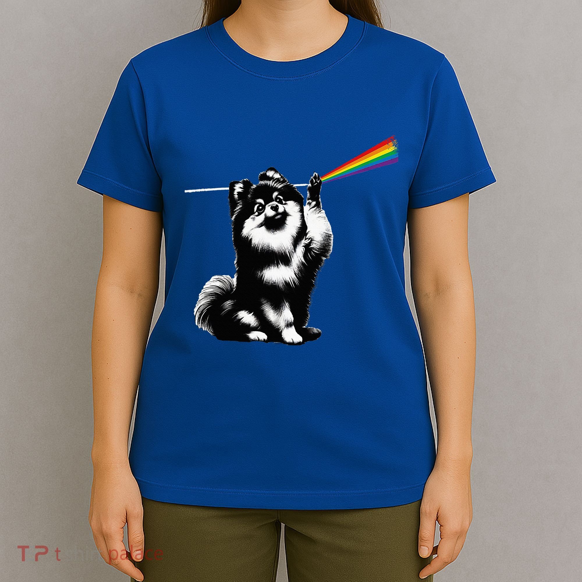 Funny Pomeranian Dog Rock Music Rainbow Fun Dark Side Moon T-Shirt