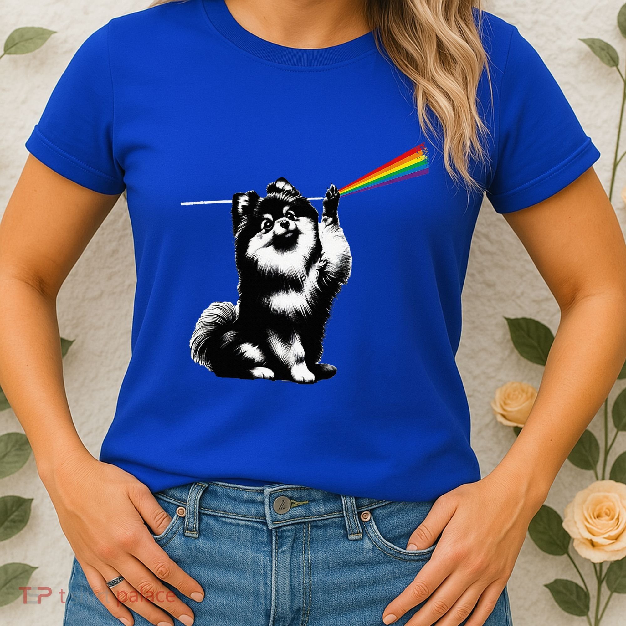 Funny Pomeranian Dog Rock Music Rainbow Fun Dark Side Moon Women's T-Shirt