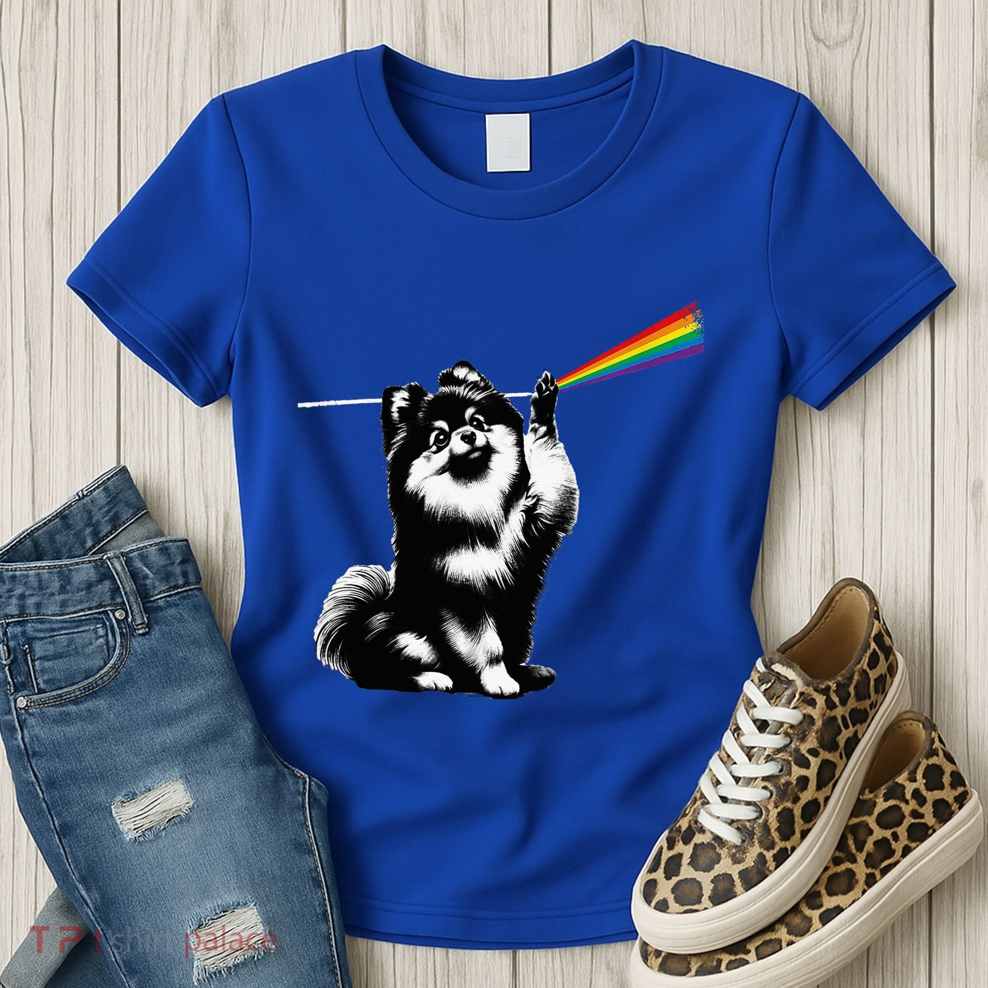 Funny Pomeranian Dog Rock Music Rainbow Fun Dark Side Moon Women's T-Shirt