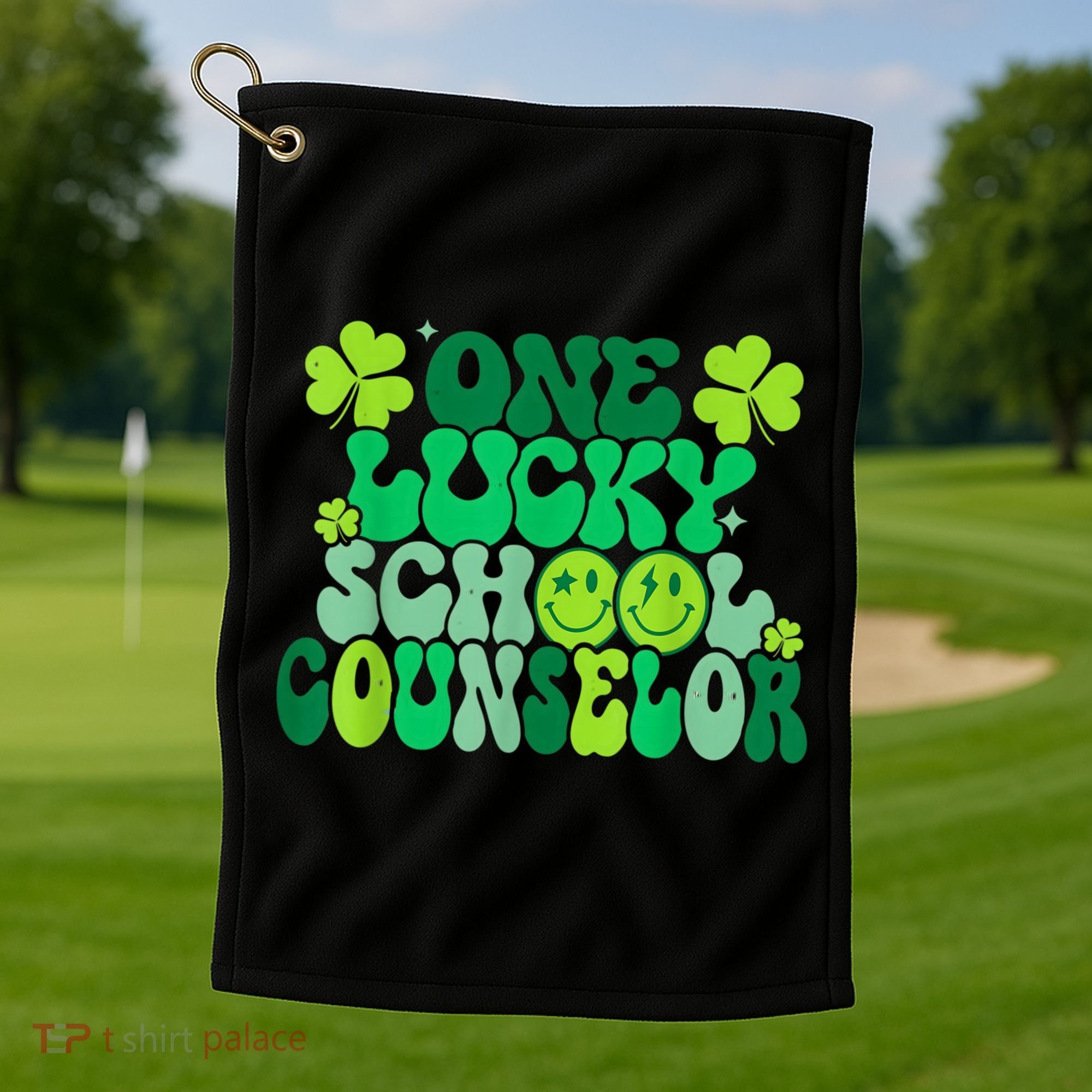 Funny Patrick's Day, Groovy Teacher One Lucky School Counselor Golf Towel