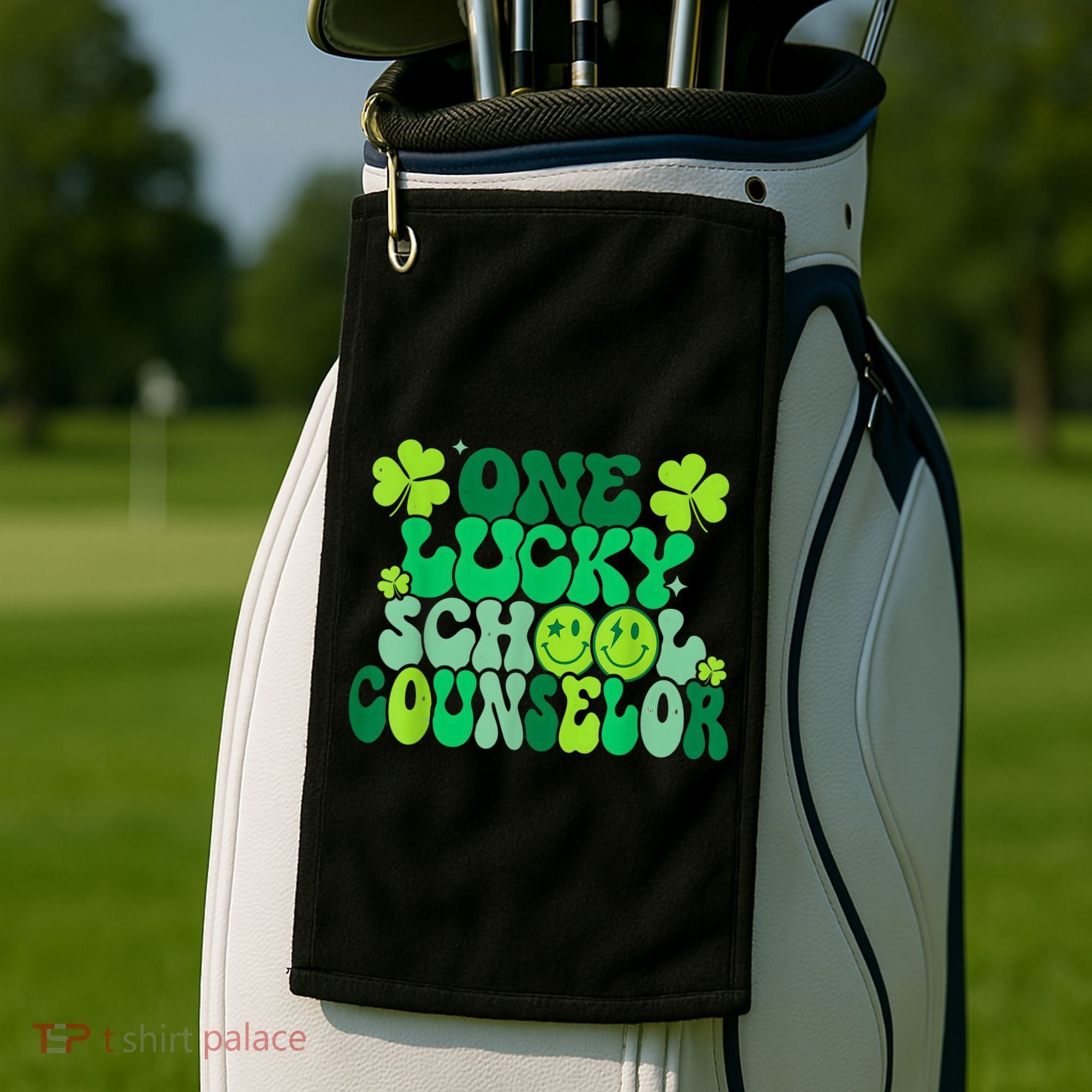 Funny Patrick's Day, Groovy Teacher One Lucky School Counselor Golf Towel