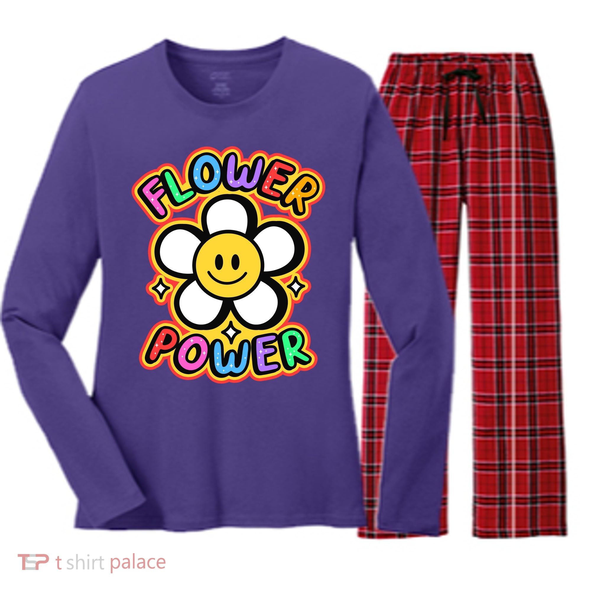 Flower Power Emoji Women's Long Sleeve Flannel Pajama Set 