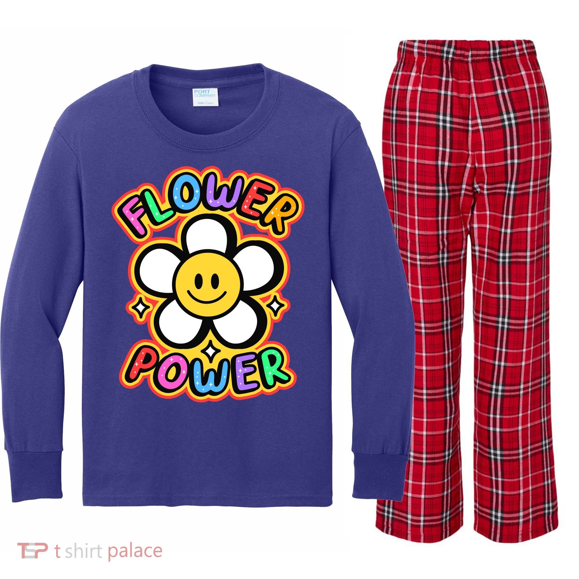 Flower Power Emoji Kids Long Sleeve Plaid Pajama Set