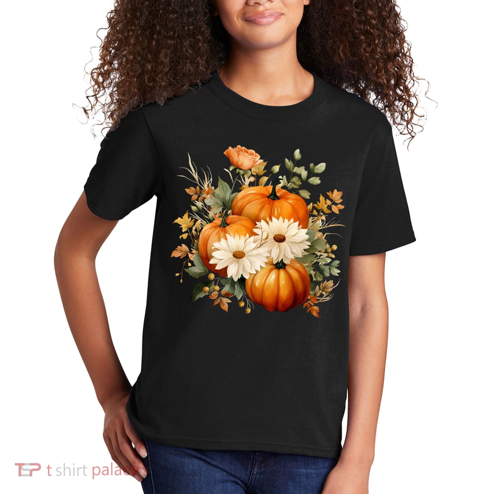 Fall Pumpkin Floral Holiday Kids T-Shirt