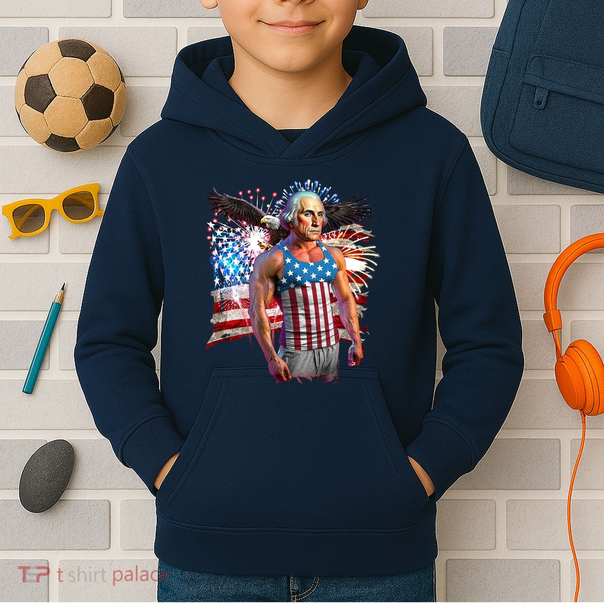 Funny Patriotic Fourth Of July Buff George Washington Kids Hoodie