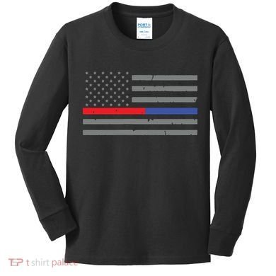 Firefighter Police Flag Thin Red Blue Line Kids Long Sleeve Shirt