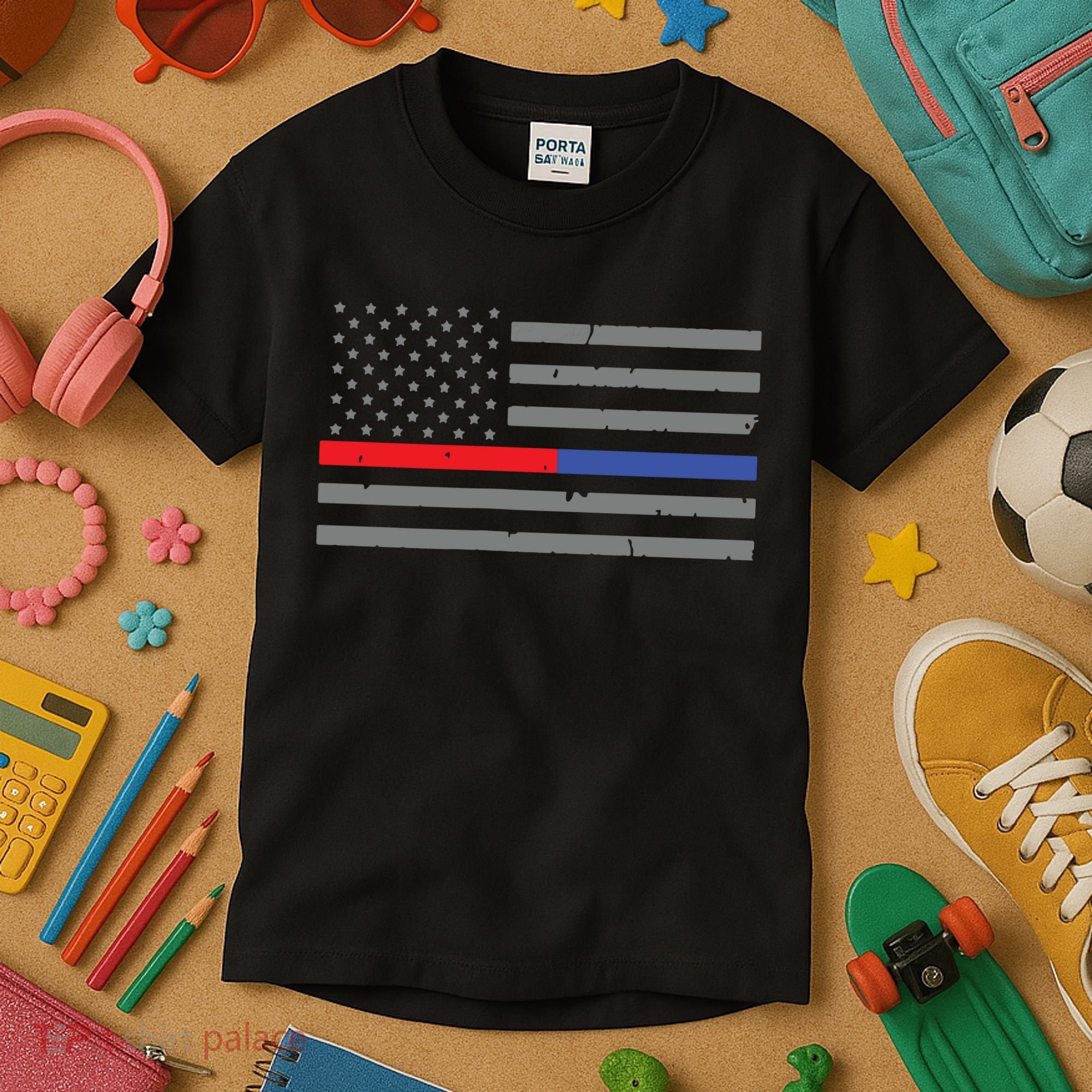 Firefighter Police Flag Thin Red Blue Line Kids T-Shirt