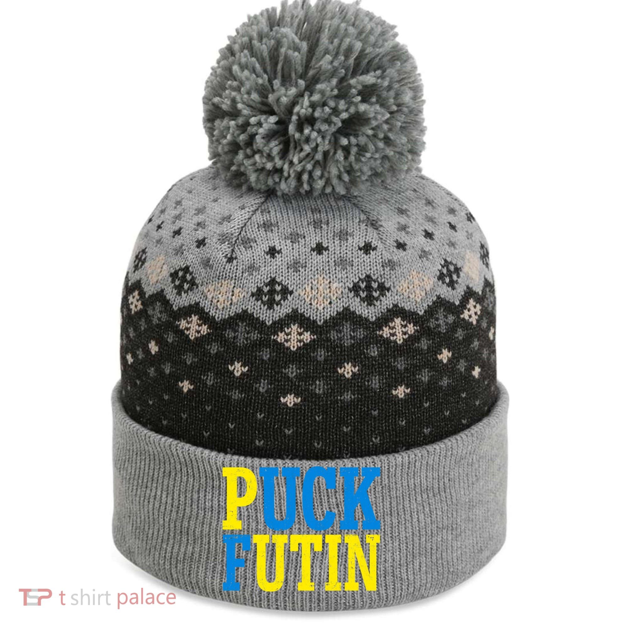 Funny Puck Futin Stand WIth Ukraine The Baniff Cuffed Pom Beanie
