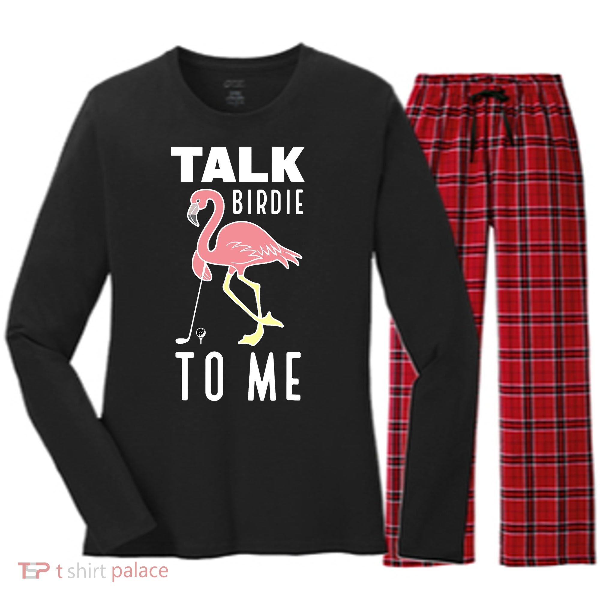 Flamingo Playing Golf Talk Birdie To Me Golfing Funny Golfer Women's Long Sleeve Flannel Pajama Set 