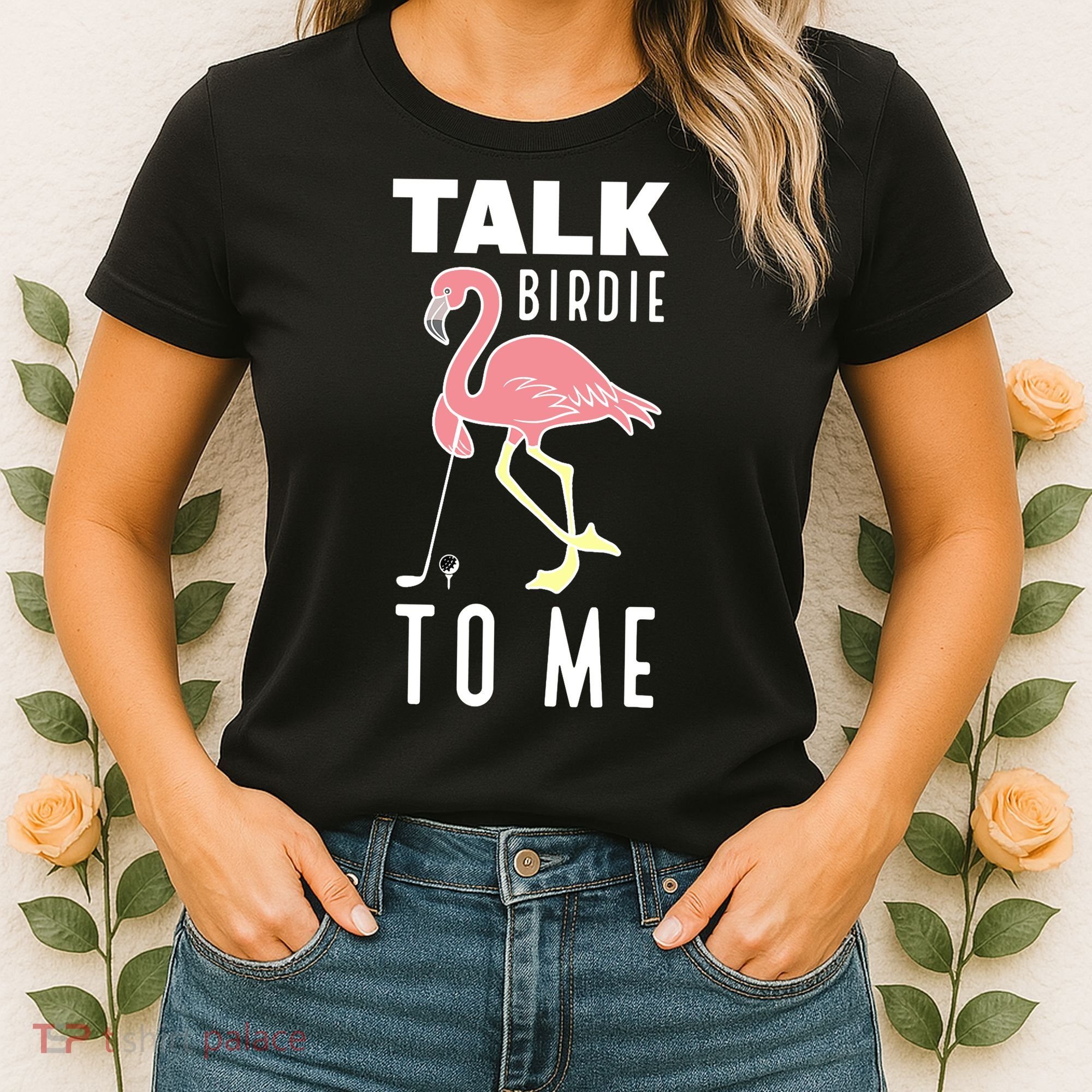 Flamingo Playing Golf Talk Birdie To Me Golfing Funny Golfer Women's T-Shirt
