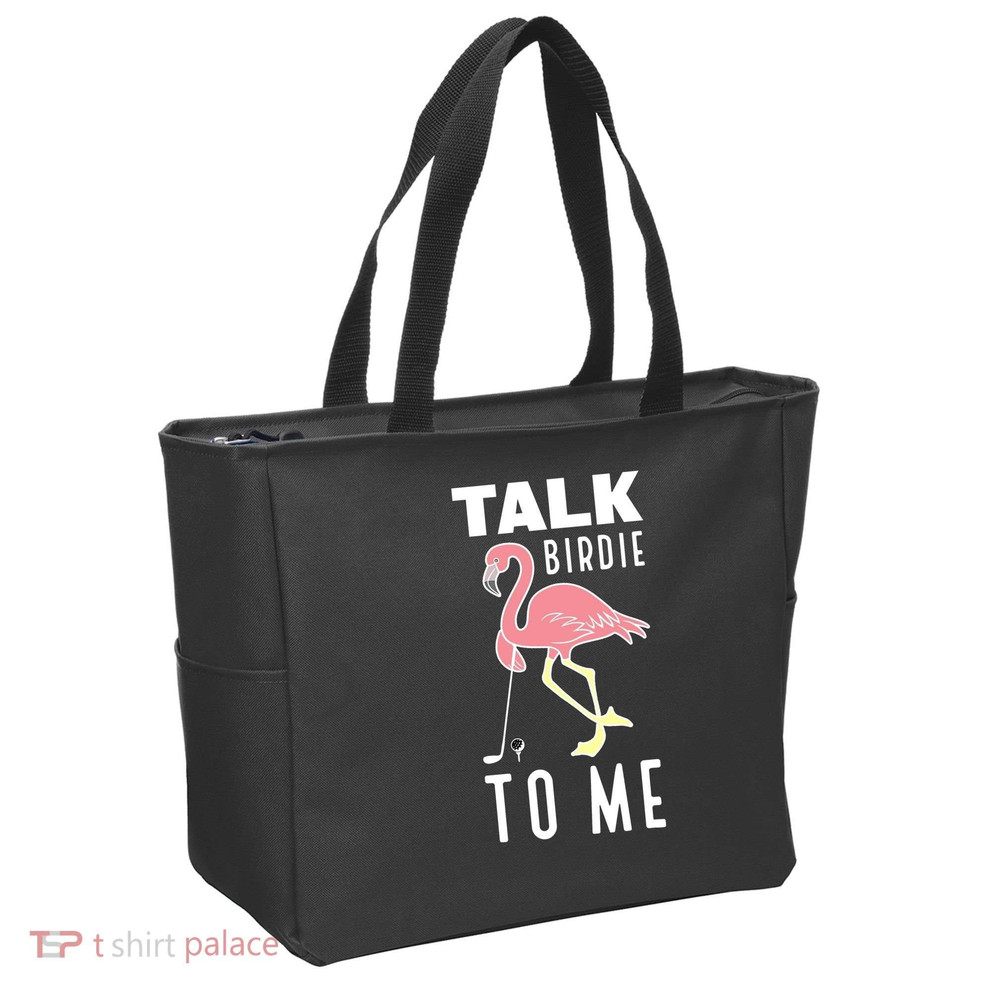 Flamingo Playing Golf Talk Birdie To Me Golfing Funny Golfer Tote Bag