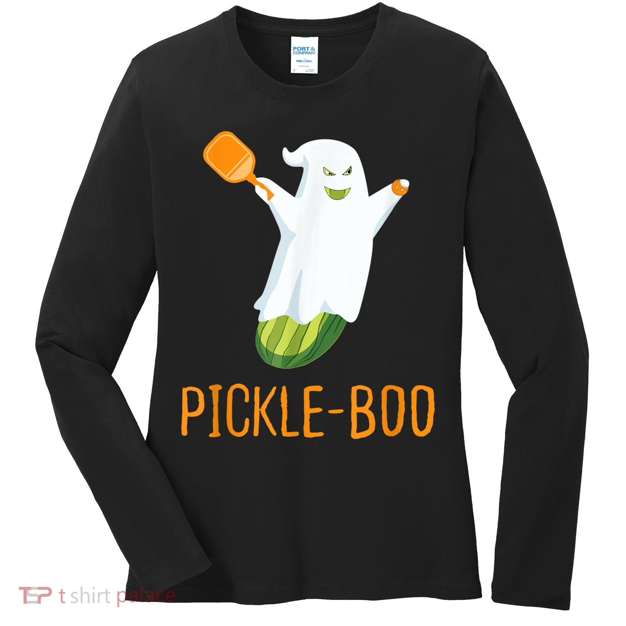 Funny Pickle Ghost Loves To Play Pickleball At Halloween Women's Long Sleeve Shirt
