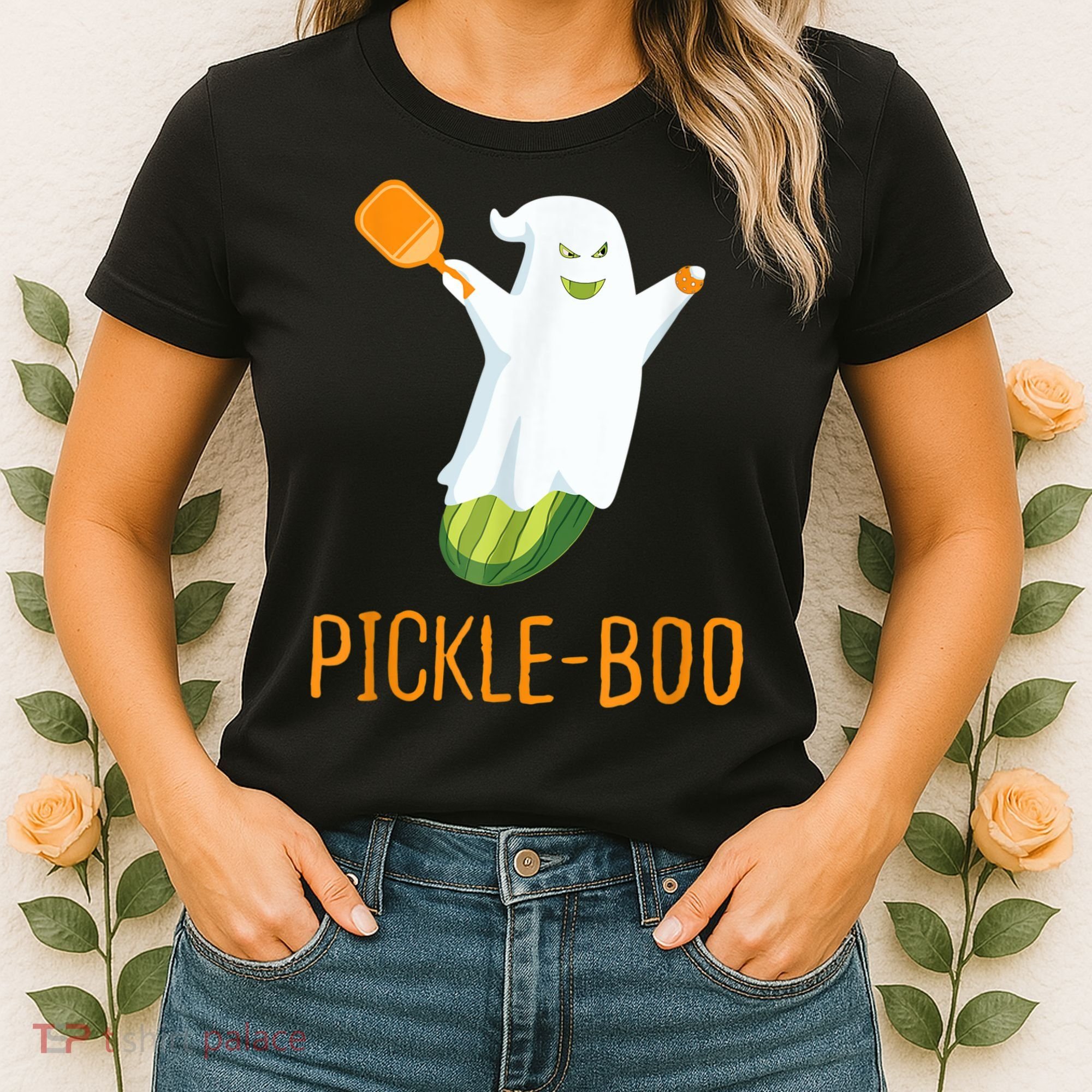 Funny Pickle Ghost Loves To Play Pickleball At Halloween Women's T-Shirt