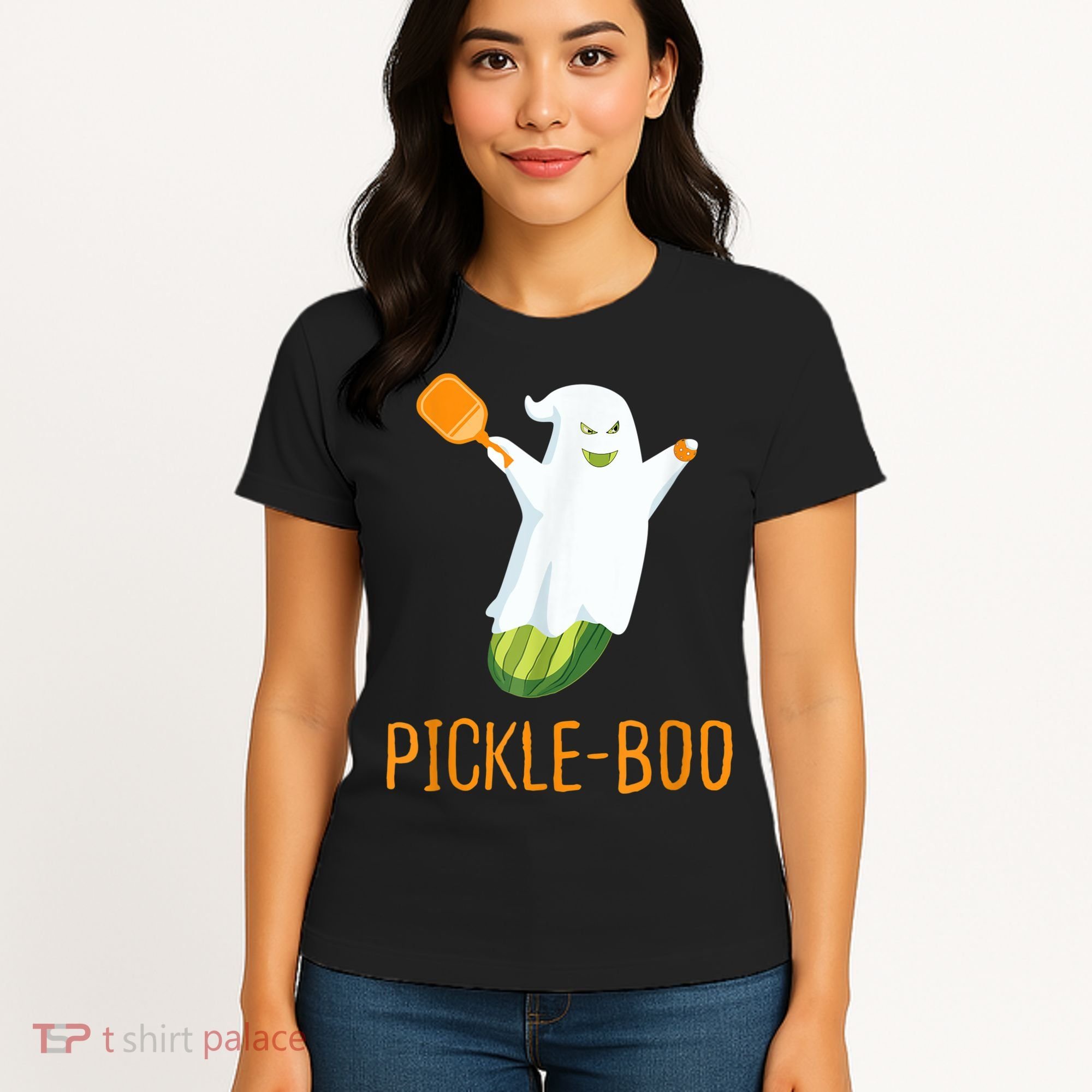 Funny Pickle Ghost Loves To Play Pickleball At Halloween Women's T-Shirt