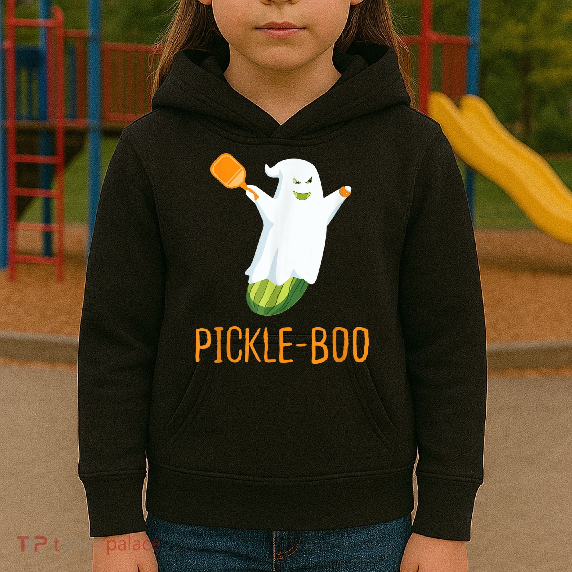 Funny Pickle Ghost Loves To Play Pickleball At Halloween Kids Hoodie