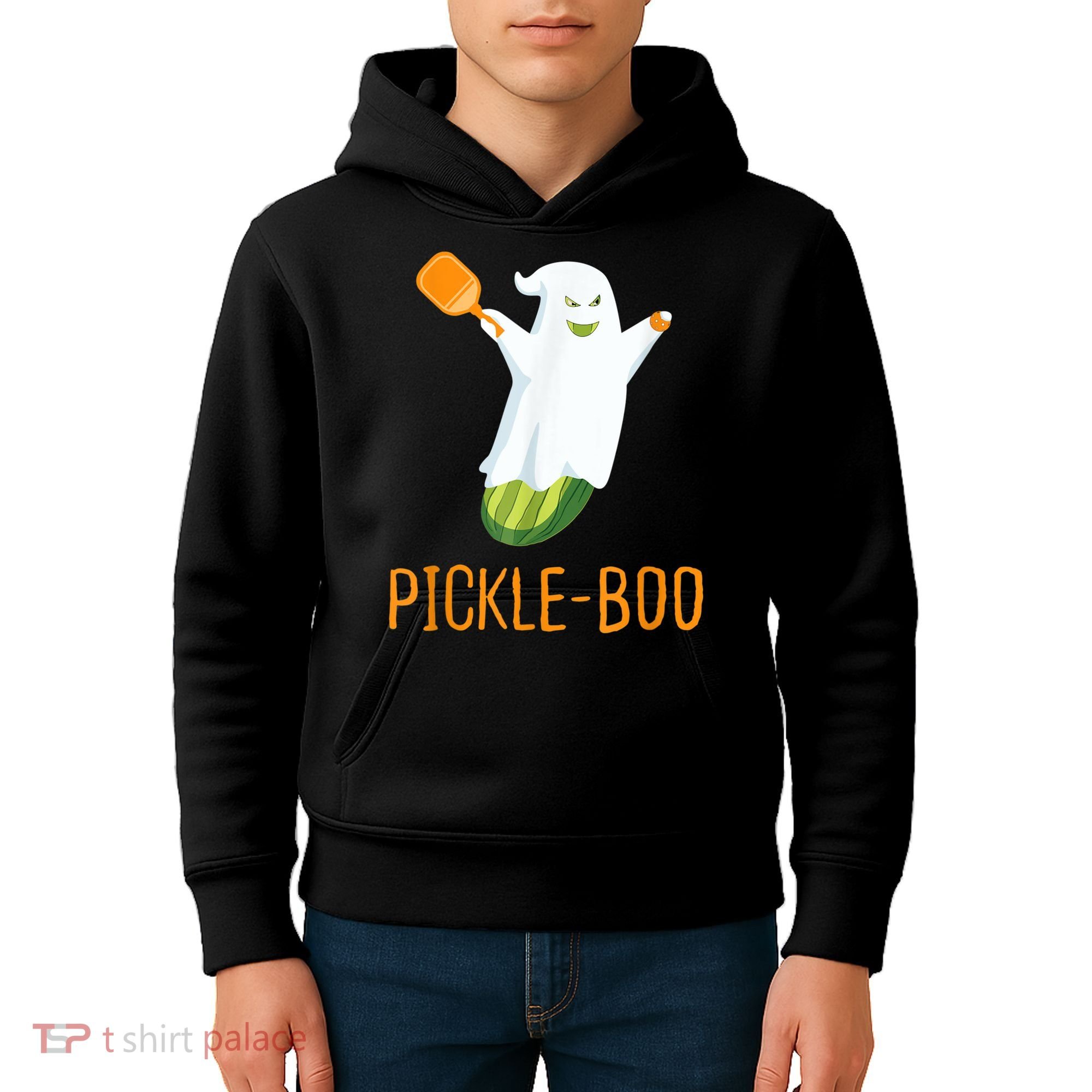 Funny Pickle Ghost Loves To Play Pickleball At Halloween Kids Hoodie