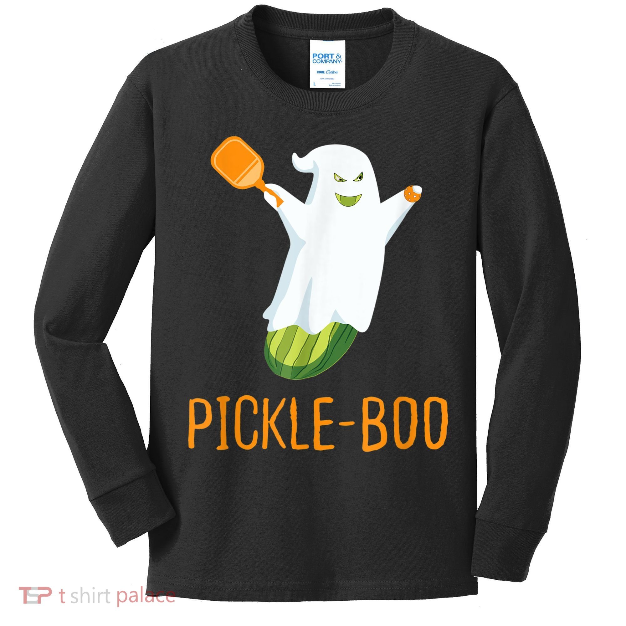 Funny Pickle Ghost Loves To Play Pickleball At Halloween Kids Long Sleeve Shirt