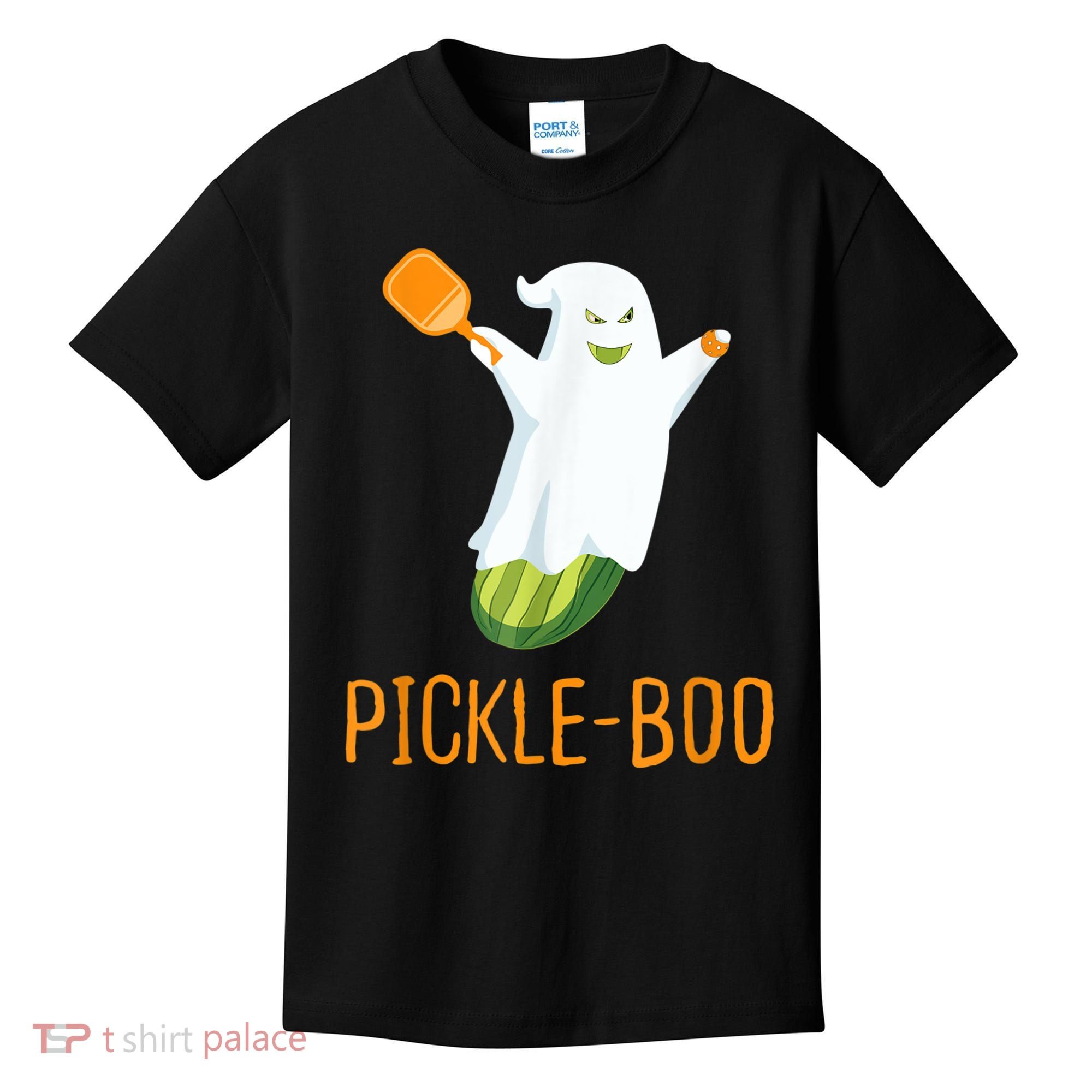 Funny Pickle Ghost Loves To Play Pickleball At Halloween Kids T-Shirt