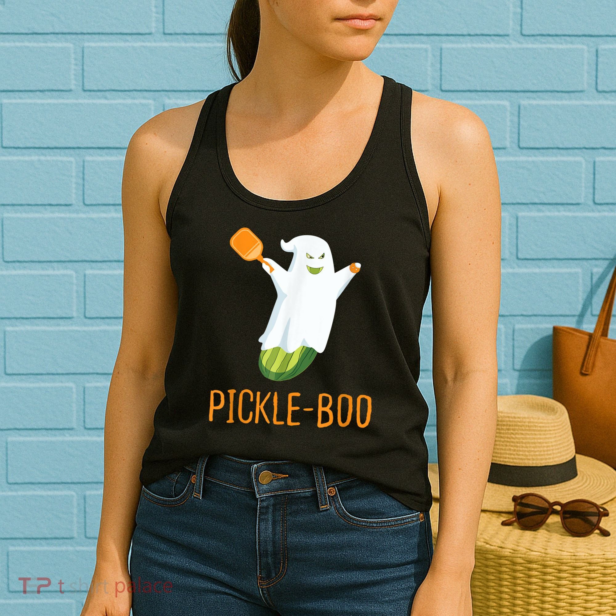 Funny Pickle Ghost Loves To Play Pickleball At Halloween Women's Tank Top