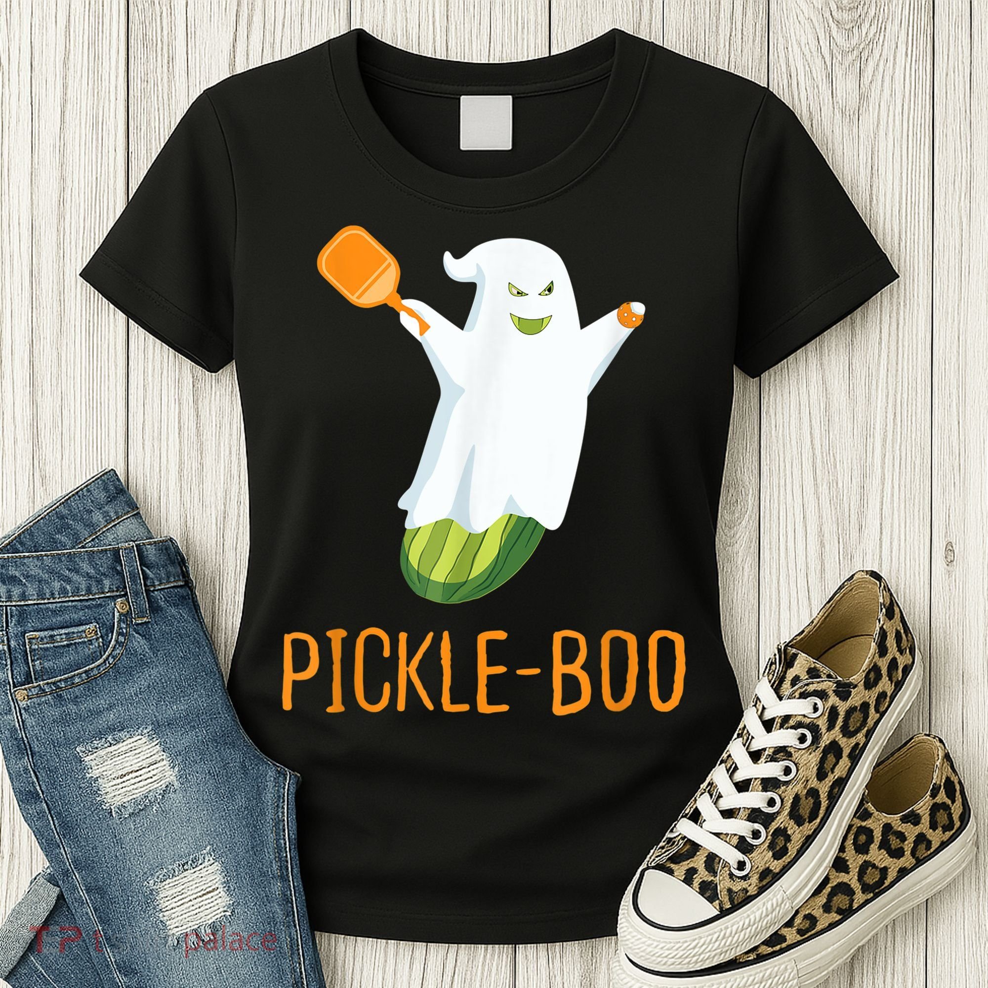 Funny Pickle Ghost Loves To Play Pickleball At Halloween Women's T-Shirt