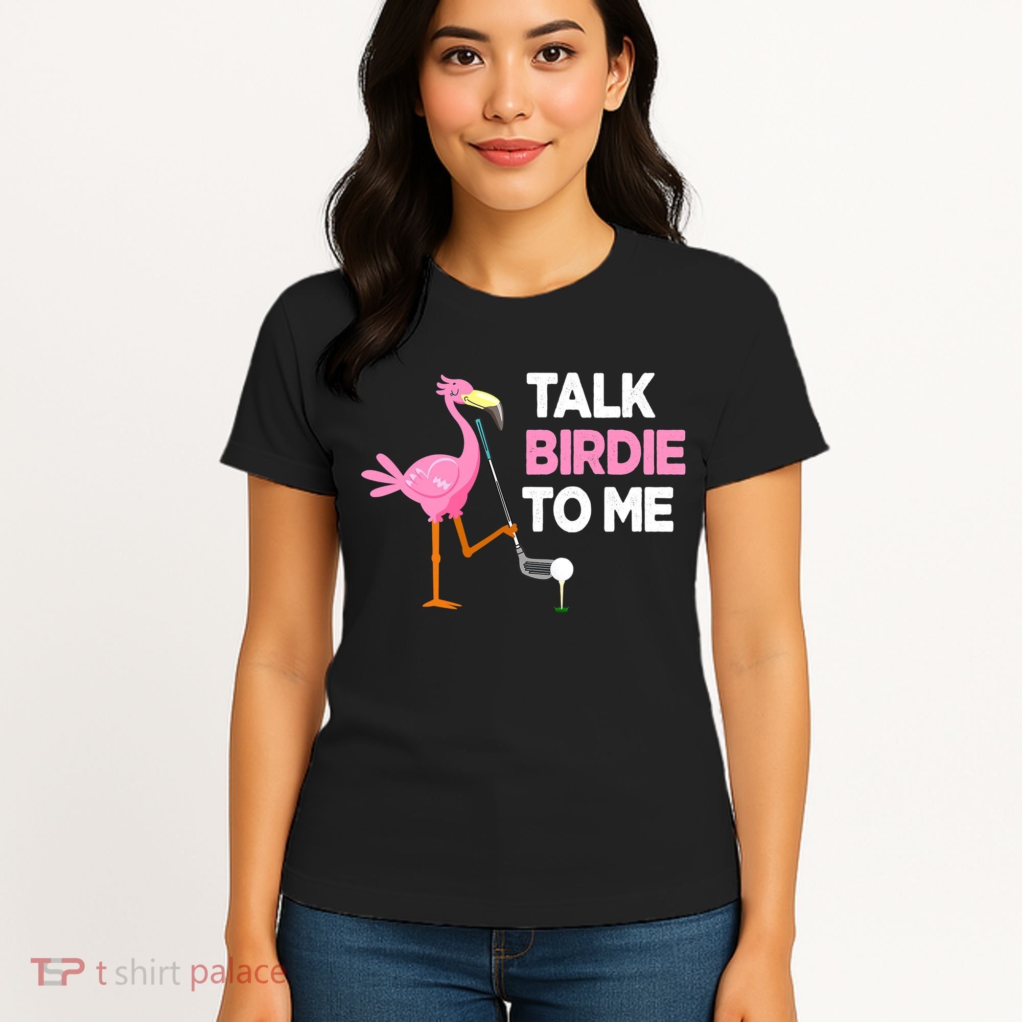 Flamingo Playing Golf Talk Birdie To Me Pun Funny Women's T-Shirt