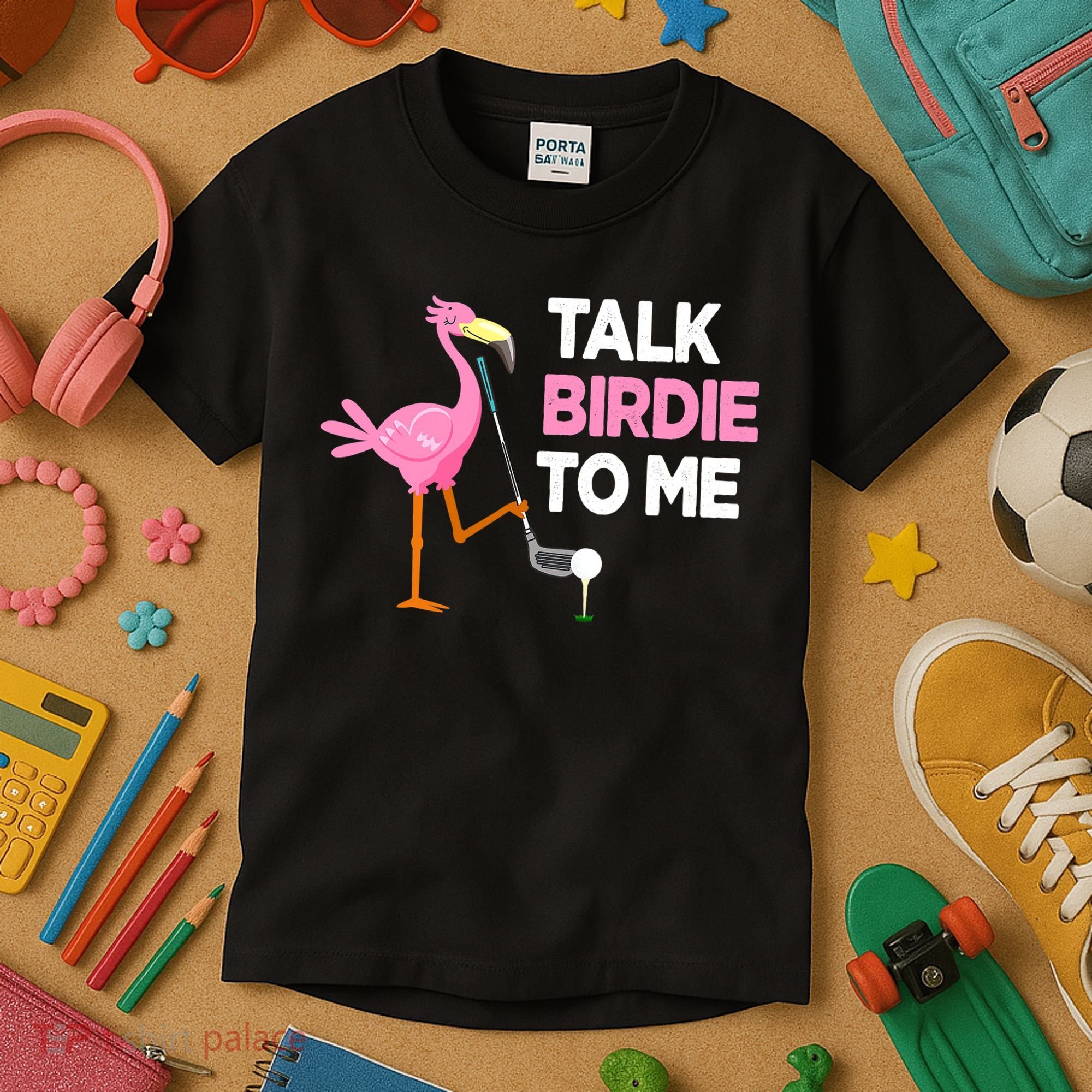 Flamingo Playing Golf Talk Birdie To Me Pun Funny Kids T-Shirt