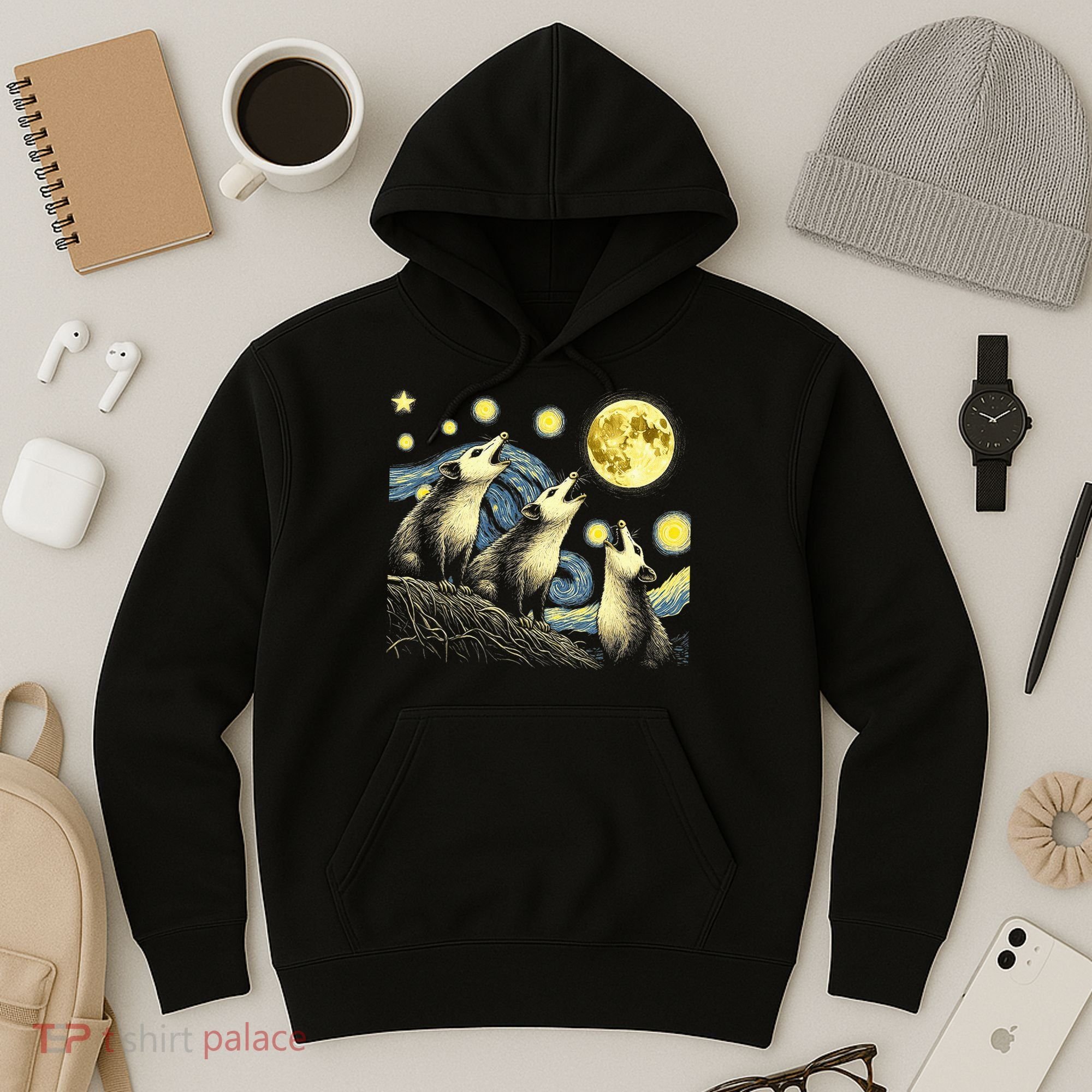 Funny Possums Howling at Full Moon Starry Night Opossum Hoodie