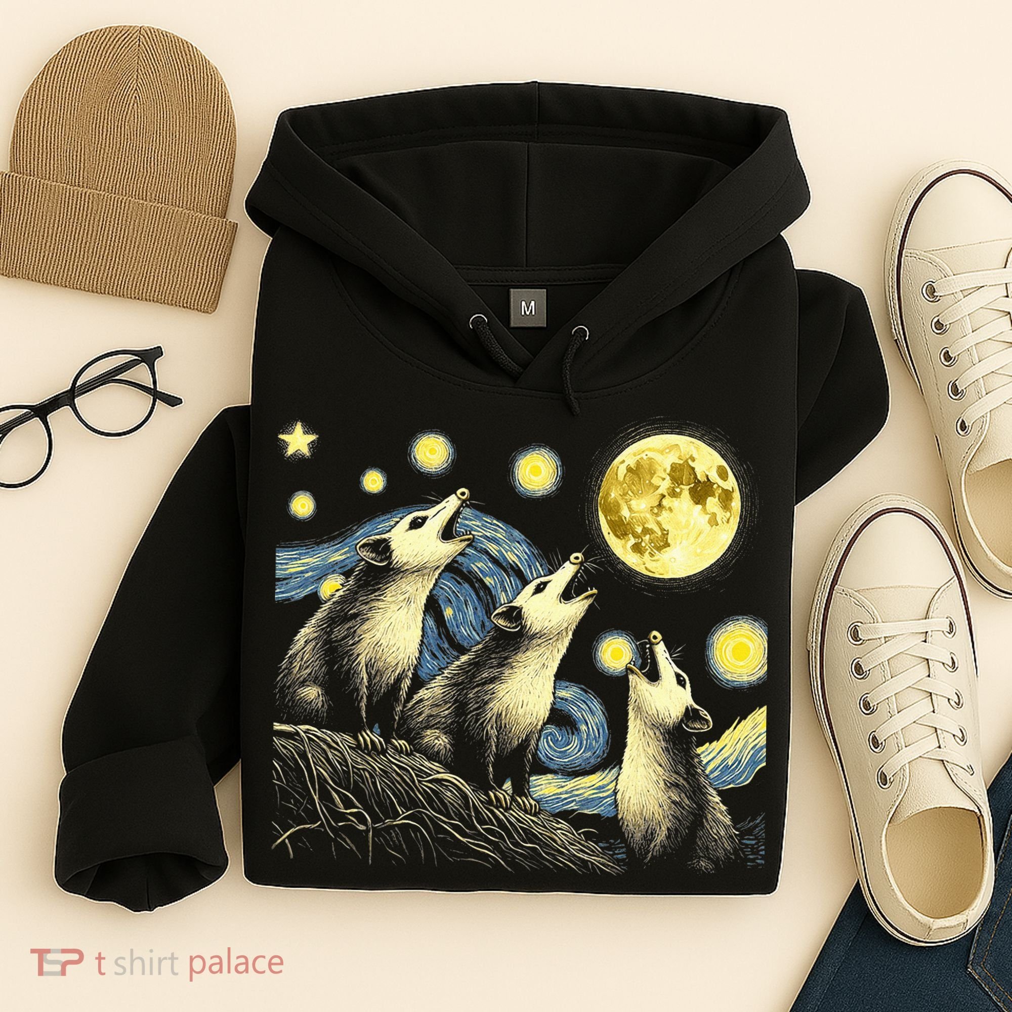 Funny Possums Howling at Full Moon Starry Night Opossum Hoodie