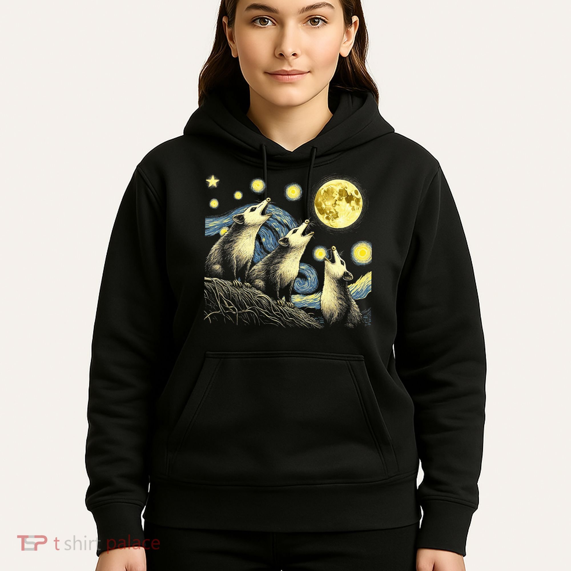 Funny Possums Howling at Full Moon Starry Night Opossum Hoodie