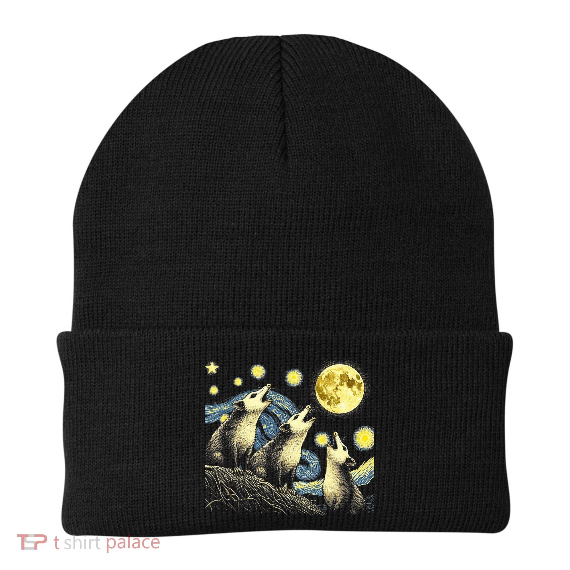 Funny Possums Howling at Full Moon Starry Night Opossum Beanie