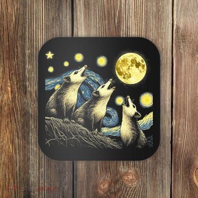 Funny Possums Howling at Full Moon Starry Night Opossum Coaster