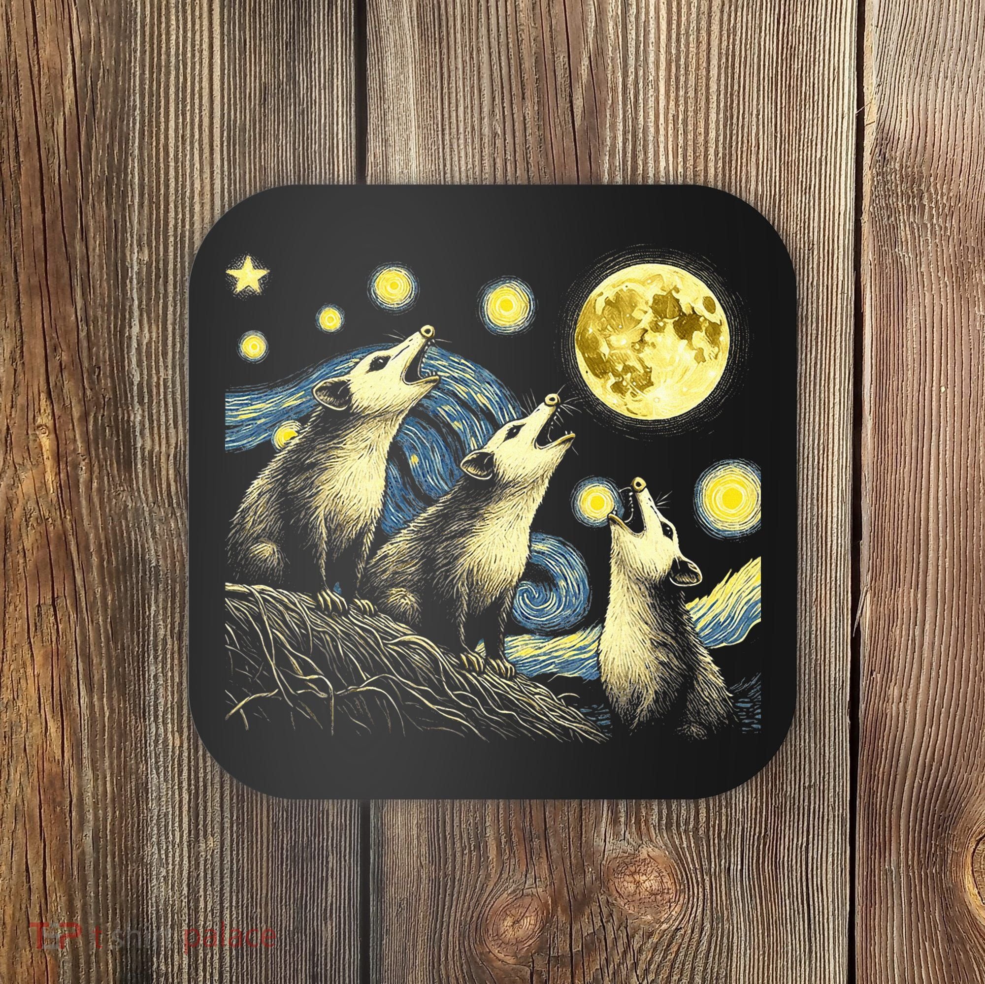 Funny Possums Howling at Full Moon Starry Night Opossum Coaster