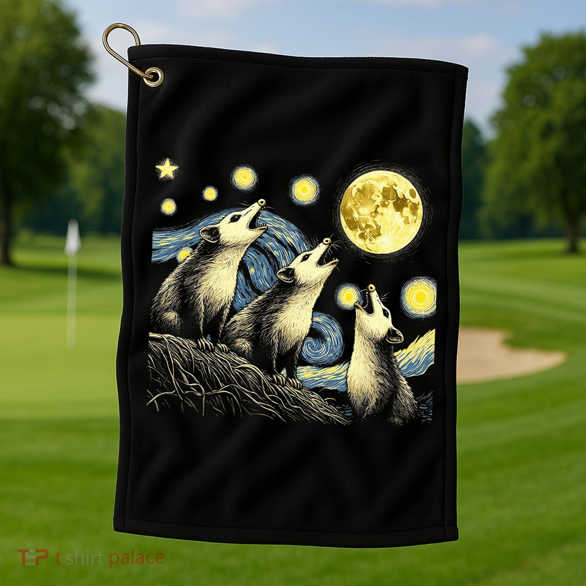 Funny Possums Howling at Full Moon Starry Night Opossum Golf Towel