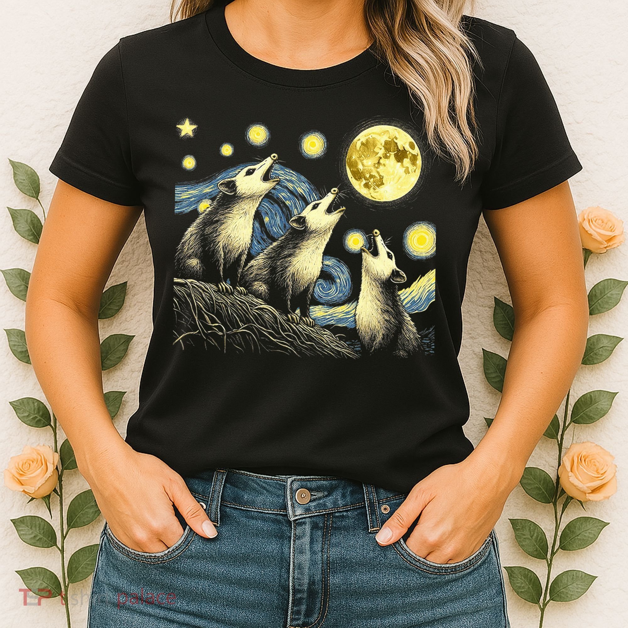 Funny Possums Howling at Full Moon Starry Night Opossum Women's T-Shirt