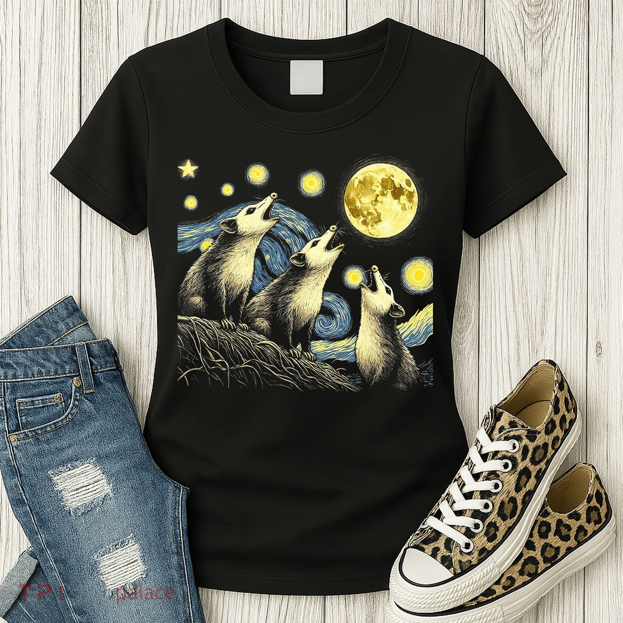 Funny Possums Howling at Full Moon Starry Night Opossum Women's T-Shirt