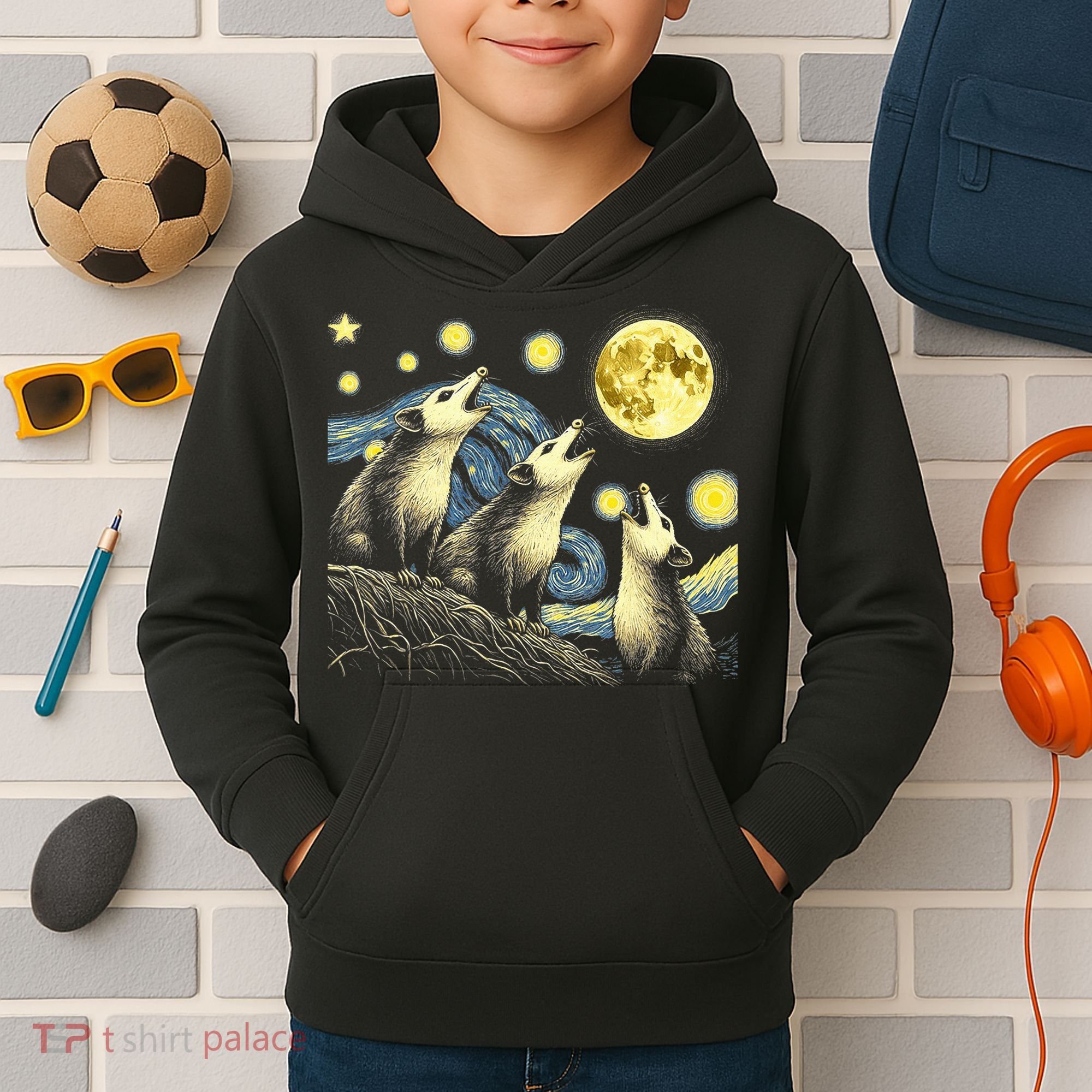 Funny Possums Howling at Full Moon Starry Night Opossum Kids Hoodie