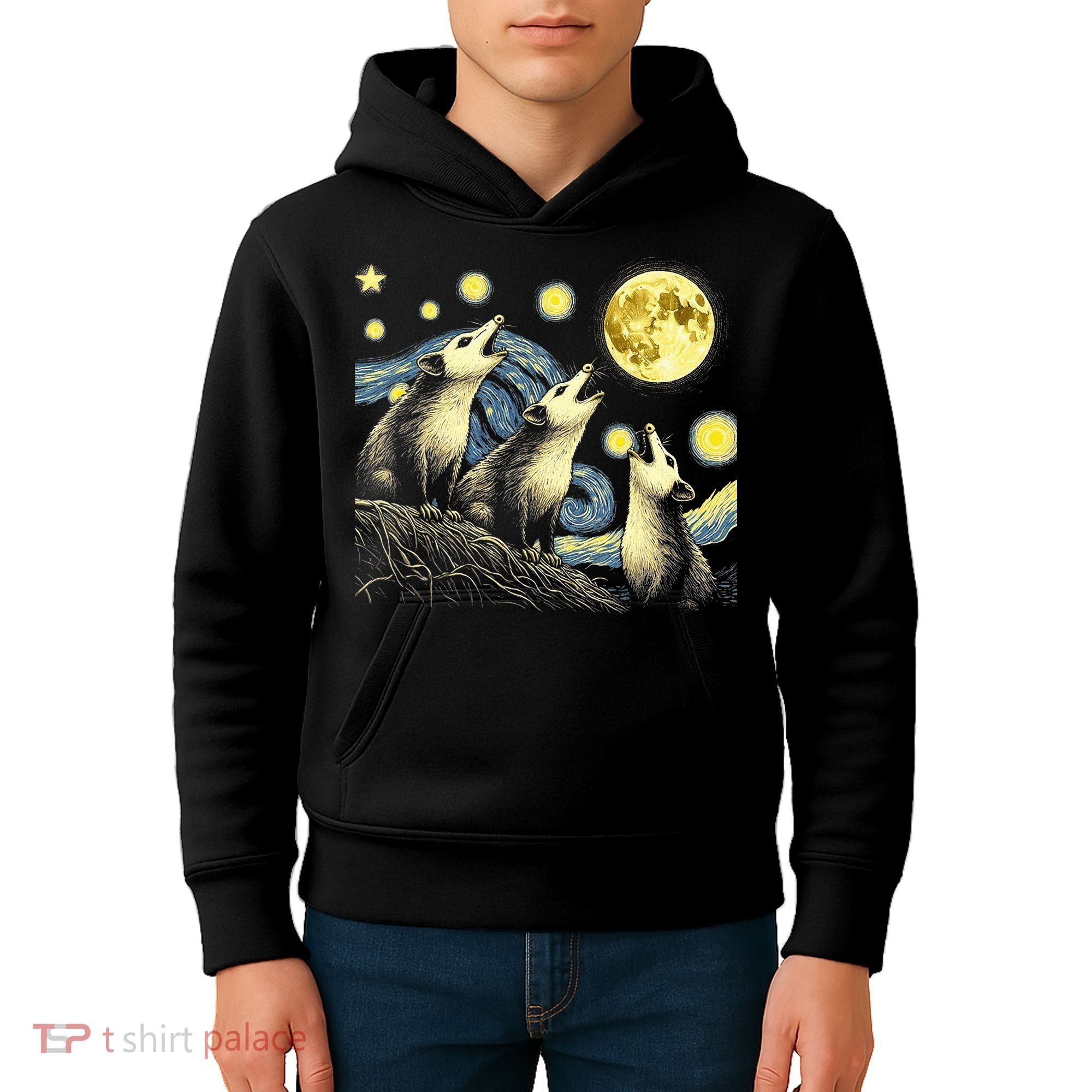 Funny Possums Howling at Full Moon Starry Night Opossum Kids Hoodie