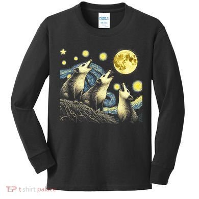 Funny Possums Howling at Full Moon Starry Night Opossum Kids Long Sleeve Shirt