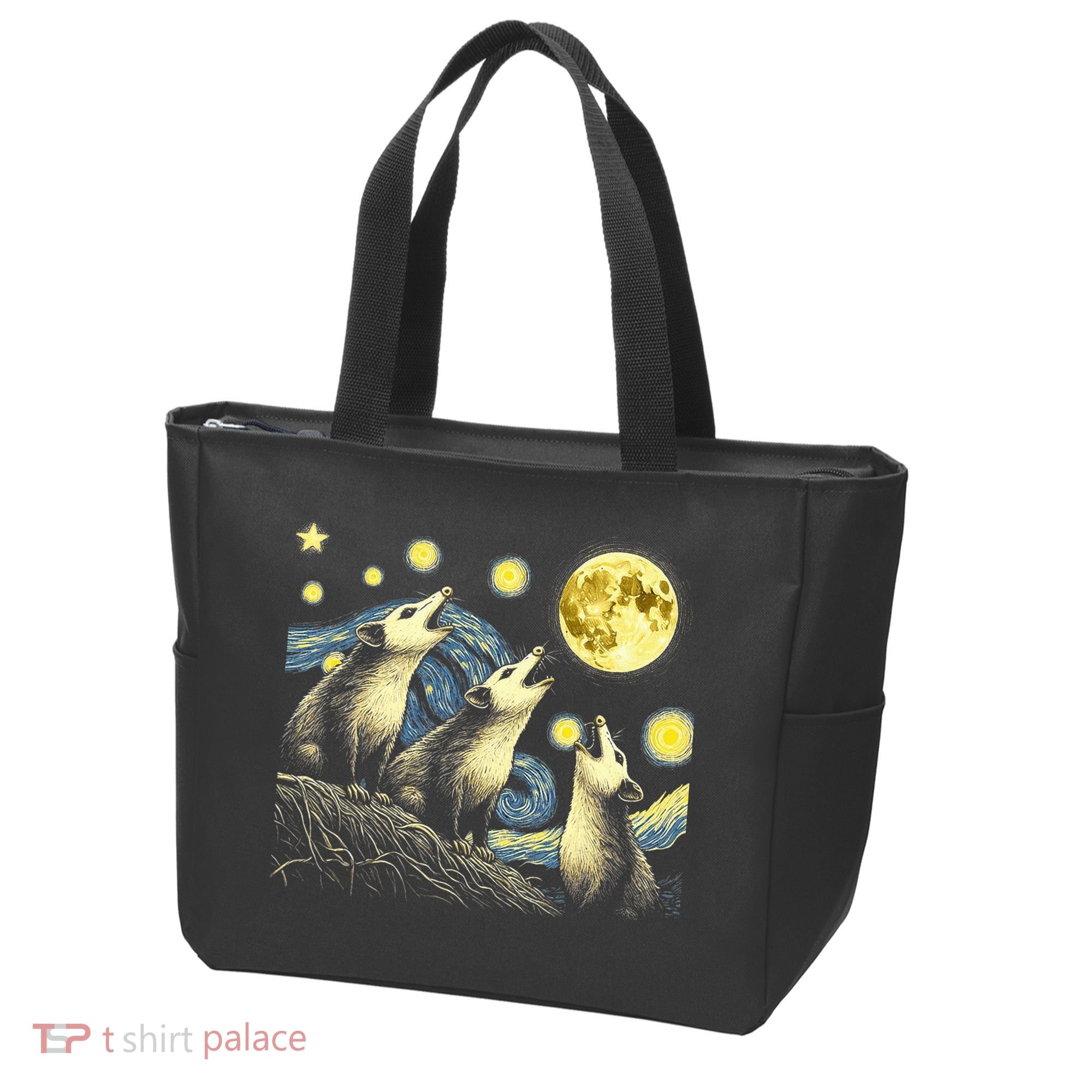 Funny Possums Howling at Full Moon Starry Night Opossum Tote Bag