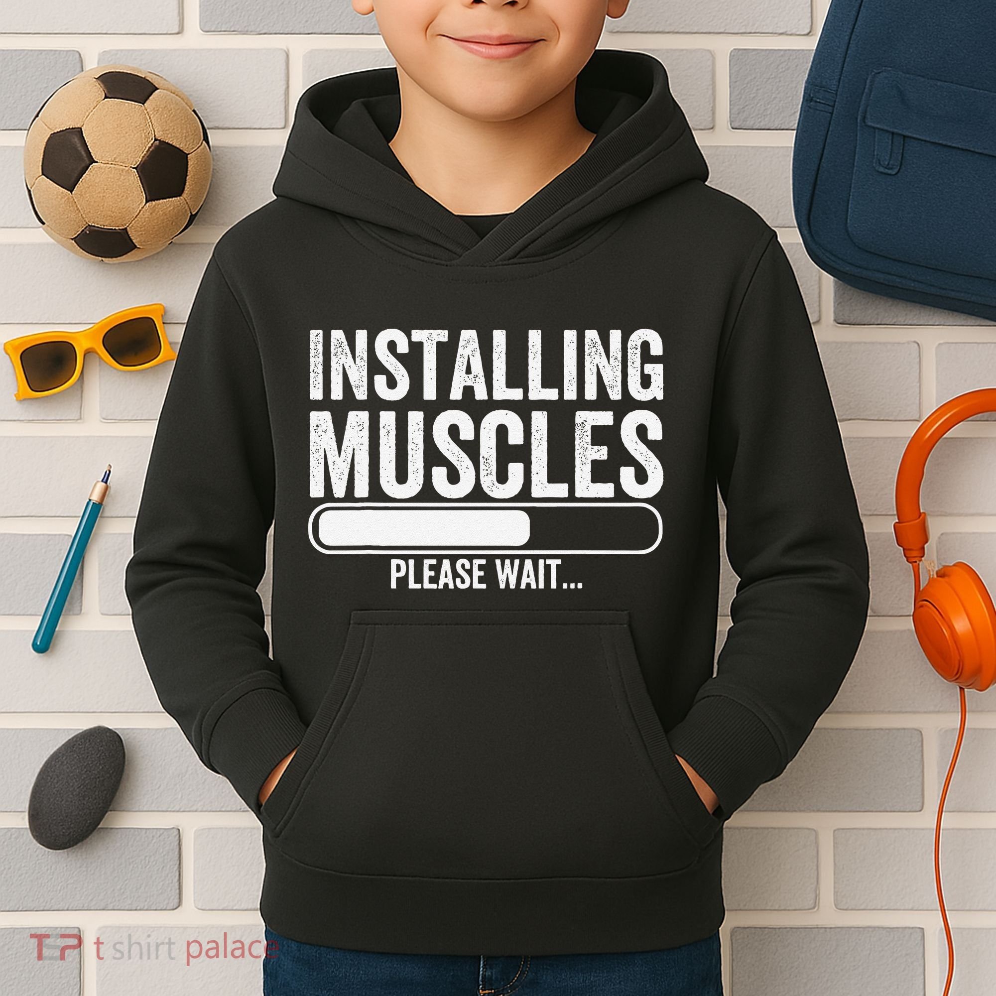 Funny Panda Installing Muscles Please Wait Gym Fitness Kids Hoodie