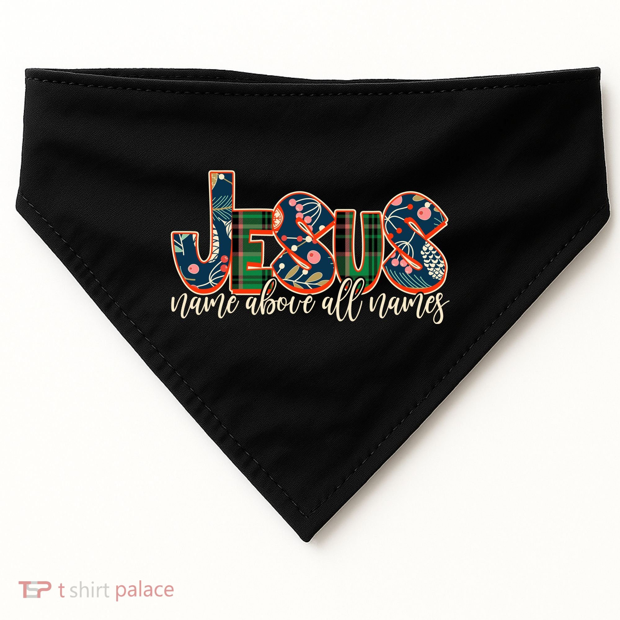Festive Patten Jesus Name Above All Names USA-Made Doggie Bandana