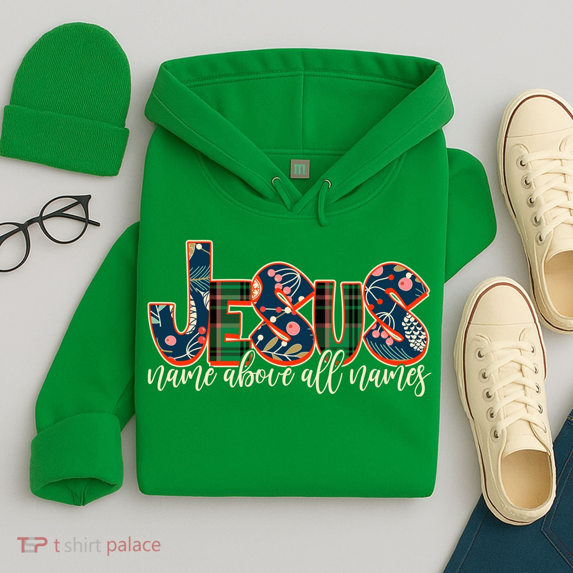 Festive Patten Jesus Name Above All Names Hoodie